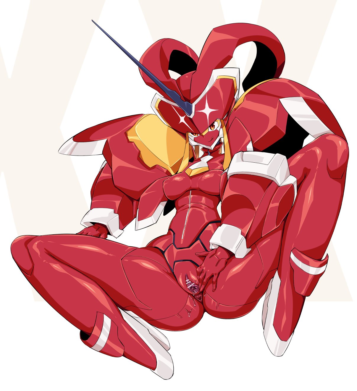 censored, darling in the franxx, female, female only, high heels, mecha, mechanical, orange eyes, pochincoff, pussy, red, red skin, robot, robot girl, shiny skin, smile, solo, spread legs, spread pussy, strelizia, white background