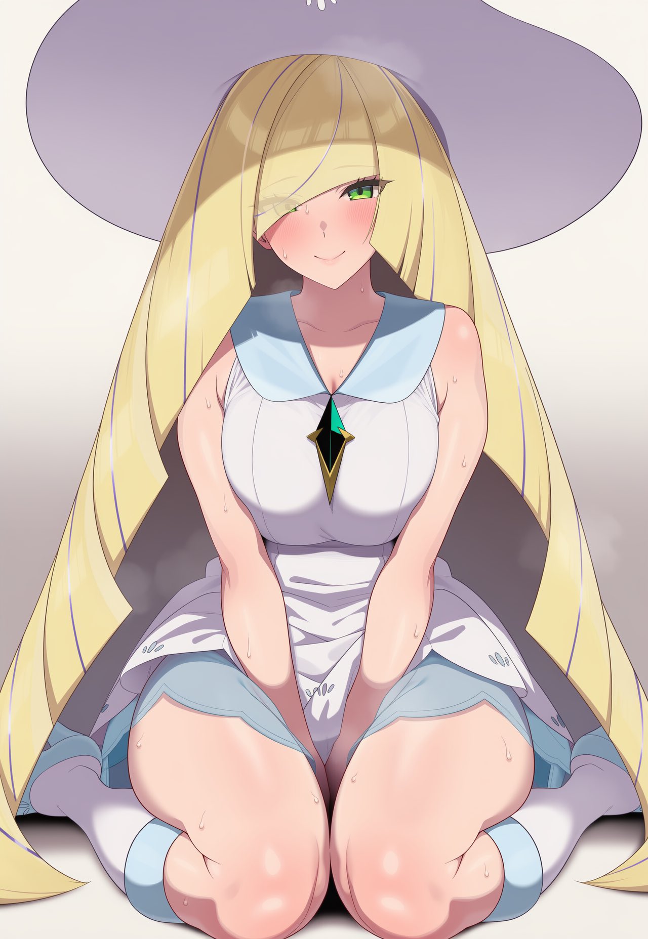 1girls, ai generated, bare shoulders, bdfuri, between legs, blonde hair, blush, breasts, cosplay, dress, female, green eyes, hair over one eye, hand between legs, hat, kneehighs, lillie (pokemon), lillie (pokemon) (cosplay), long hair, looking at viewer, lusamine (pokemon), pokemon, sitting, sleeveless, sleeveless dress, smile, solo, sweat, very long hair