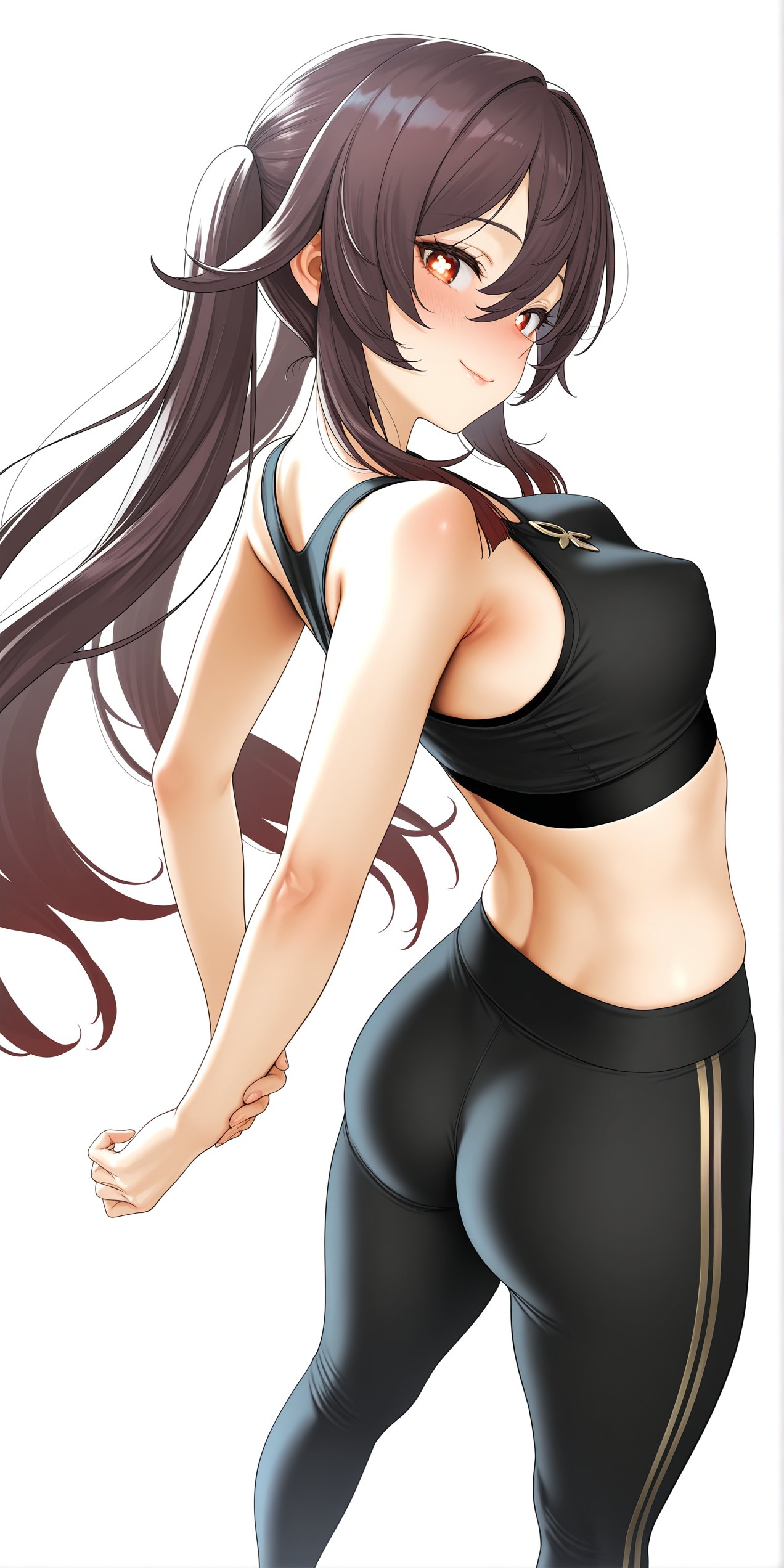  vita illust, ai generated, athletic, brown hair, genshin impact, gym clothes, hands behind back, hu tao (genshin impact), leggings, looking at viewer, looking back, petite, petite body, posing, red eyes, small breasts, smaller female, smirk, solo, solo female, sports bra, stretching, thick ass, tied hair, tight clothing, twintails, workout clothes