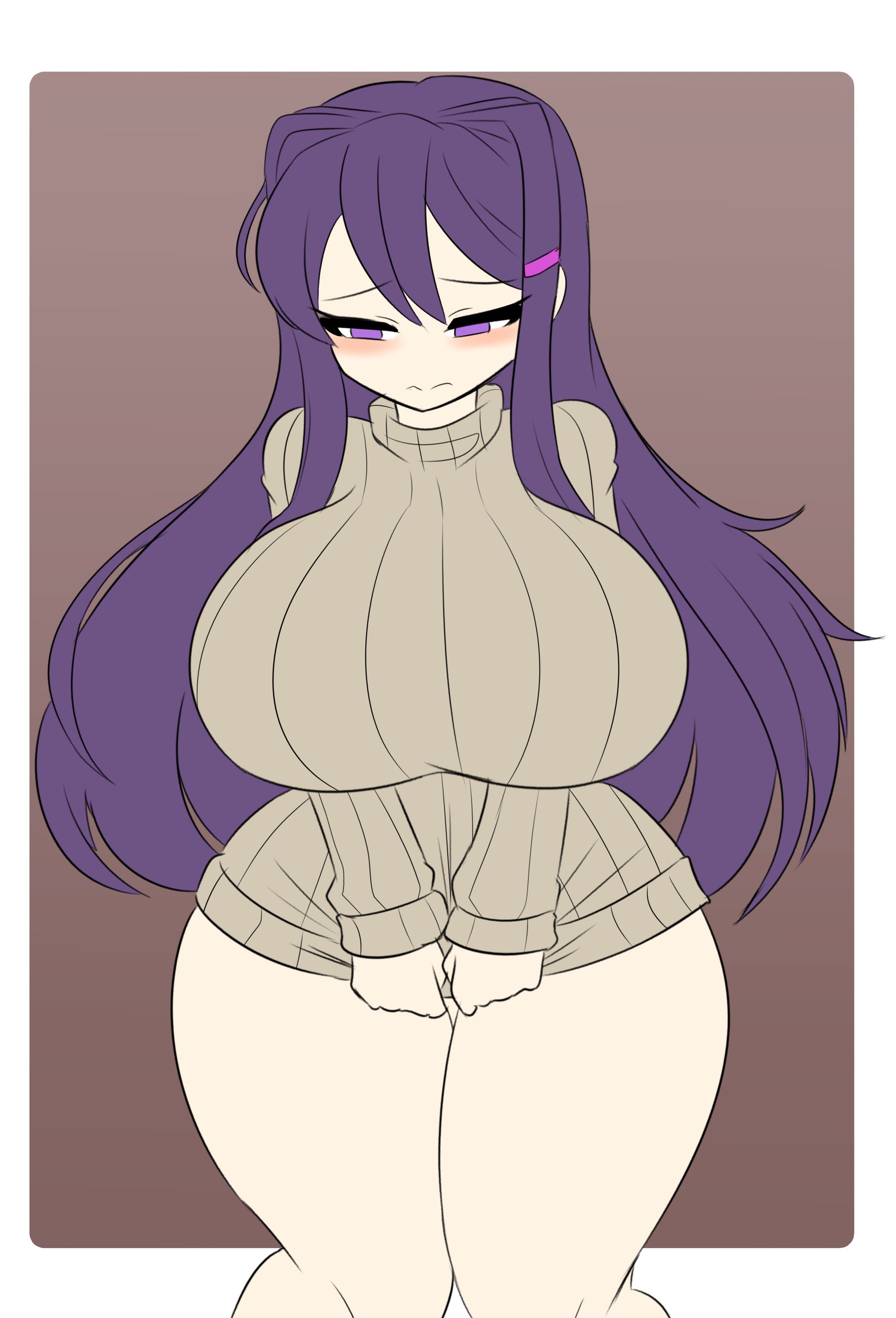 1girls, 2025, asian, asian female, big breasts, blush, bottomless, breasts bigger than head, covering, covering crotch, doki doki literature club, embarrassed, embarrassed naked female, embarrassed nude female, enf, female, female only, hairclip, long hair, looking away, naked, nude, pulling clothing, purple eyes, purple hair, shadst3r, solo, solo female, sweater, thick thighs, turtleneck, turtleneck sweater, wide hips, yuri (doki doki literature club)