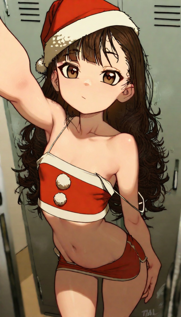 adult female, ai assisted, ai generated, brown eyes, brown hair, crop top, non nude, petite body, petite female, santa costume, santa hat, selfie pose, sfw, skirt, small breasts, solo female, tiny breasts, younger female