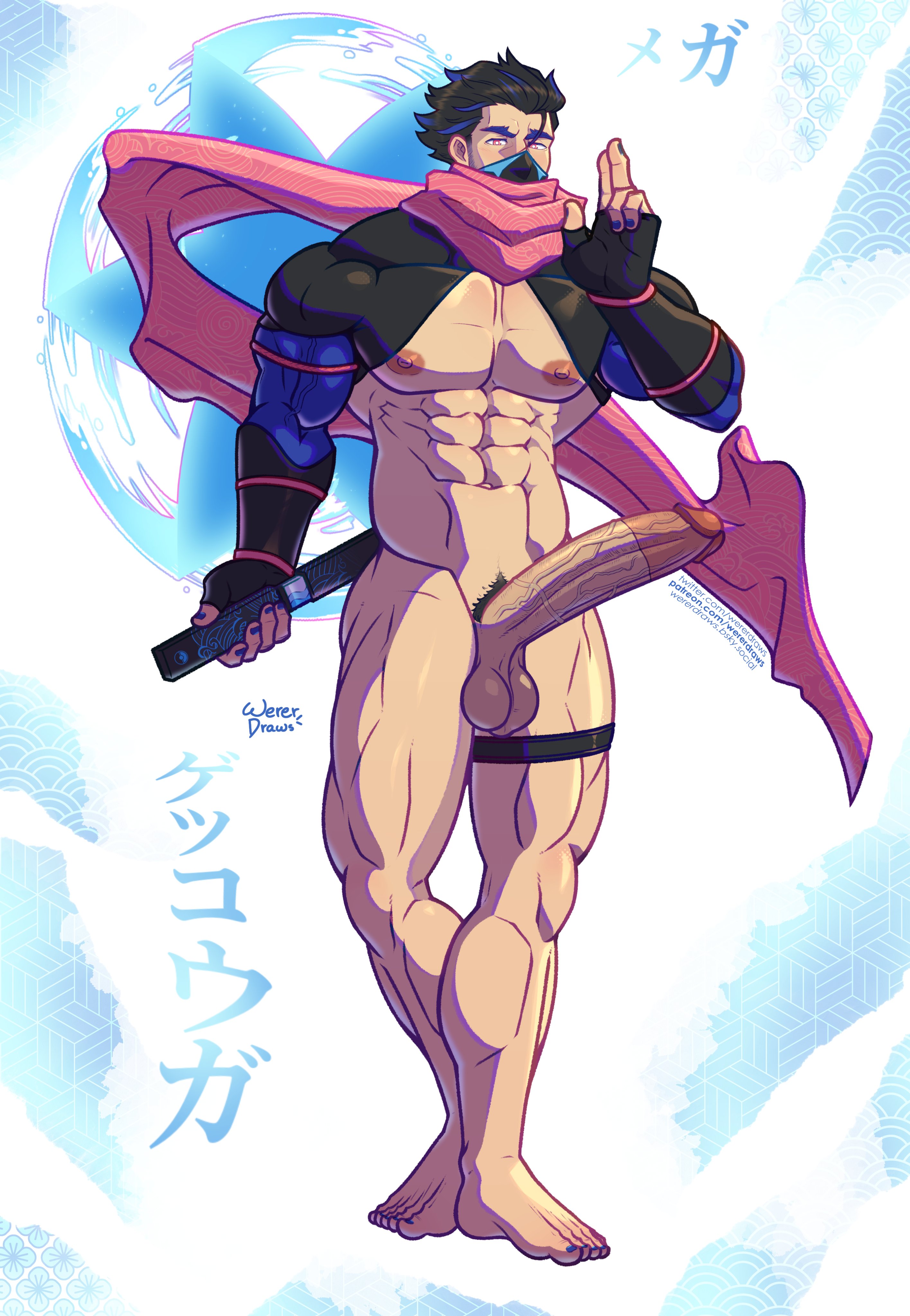 abs, balls, bara, biceps, big balls, big penis, erection, gekkouga, generation 9 pokemon, gijinka, greninja, humanized, humanized pokemon, male, male nipples, male only, manly, mega evolution, mega gekkouga, mega greninja, muscular male, ninja, nintendo, nipples, nude, pecs, penis, pokemon, pokemon (species), wererdraws