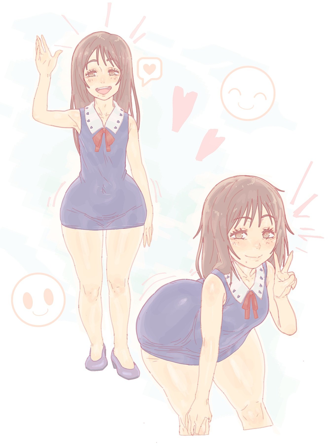 1girls, ass bigger than head, bare legs, bending forward, bending over, big ass, bottom heavy, brown eyes, brown hair, bubble butt, dress, female only, flat chest, flat n thick, full body, heart, hips, hips wider than shoulders, jujutsu kaisen, looking at viewer, messy hair, midriff, mole, mole under mouth, orimoto rika, peace sign, planktiton, shortstack, smile, thick thighs, tight clothing, tight dress, waving, wide hips