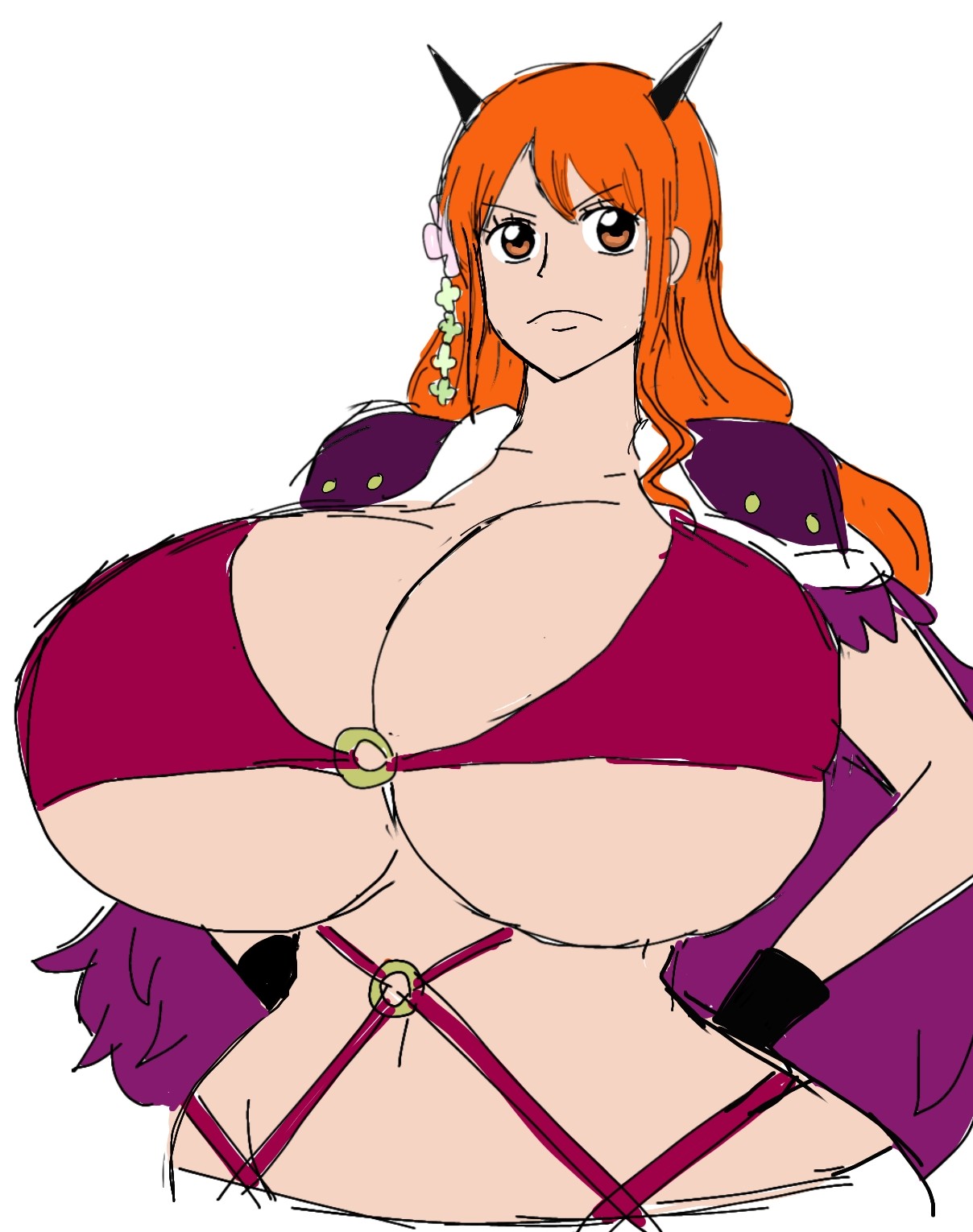 1girls, 2d, 2d (artwork), alternate body type, alternate breast size, big breasts, breasts, breasts bigger than head, busty, busty female, busty girl, curvy, curvy body, curvy female, curvy figure, digital drawing (artwork), digital media (artwork), female, female focus, female only, horns, huge breasts, large breasts, light skin, light skinned female, long hair, long hair female, mature, mature woman, momiji (artist), nami (one piece), navel, one piece, orange eyes, orange eyes female, orange hair, orange hair female, pirate, pirate girl, post-timeskip, simple background, solo, solo female, solo focus, swedish, swedish female, upper body, white background