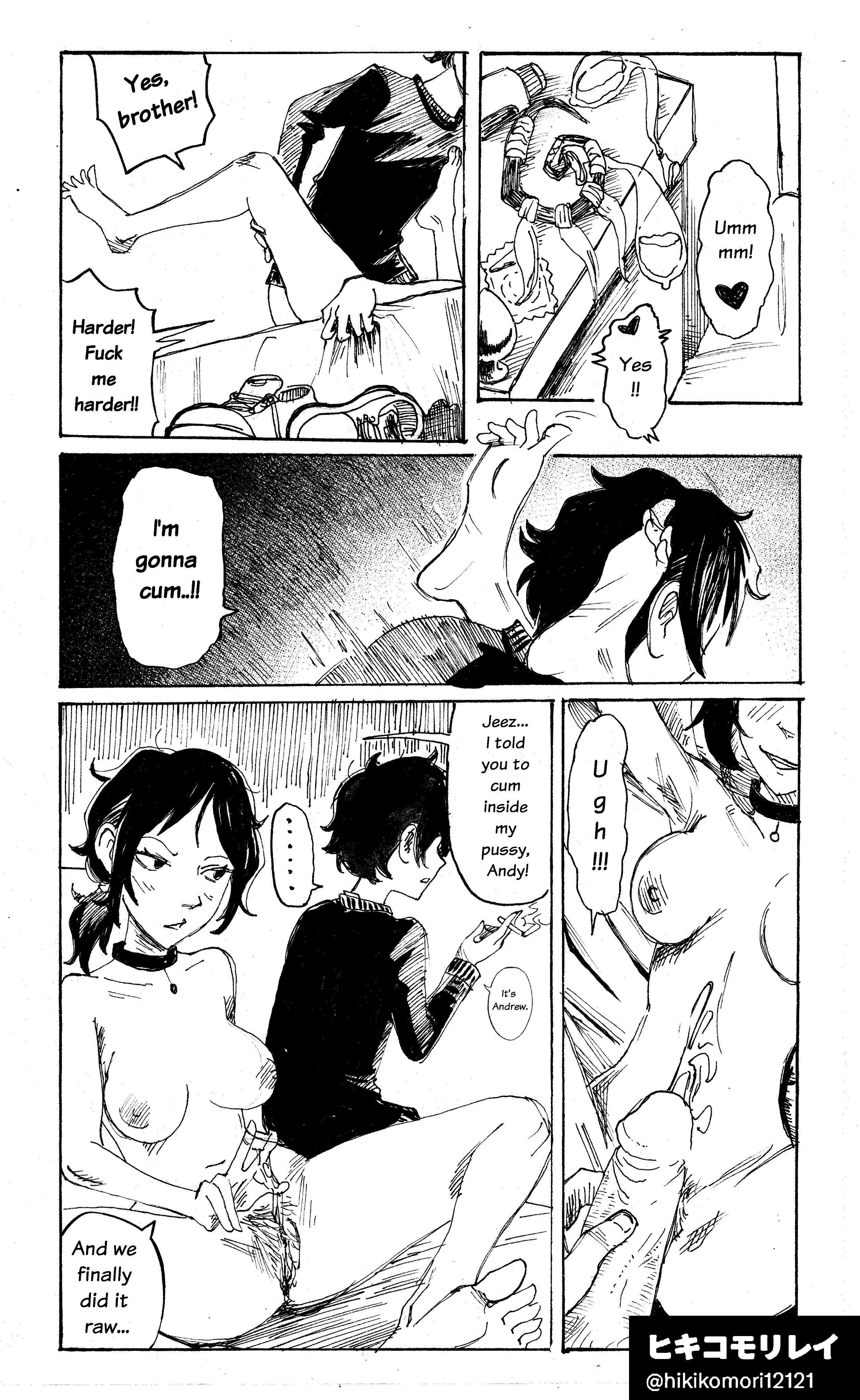 1boy, 1girls, 2d, andrew graves, ashley graves, black and white, black hair, breasts, brother and sister, choker, comic, couple, cum, cum on body, cum on stomach, dialogue, english text, feet, feet up, female, grabbing sheets, hikikomori12121, incest, male, missionary position, monochrome, nude, orgasm, page 1, penis, ponytail, pubic hair, pussy, pussy juice, rough sex, sex, siblings, smoking, smoking cigarette, speech bubble, spread legs, straight, text, the coffin of andy and leyley, used condom, used condoms, vaginal penetration, wet, wet pussy