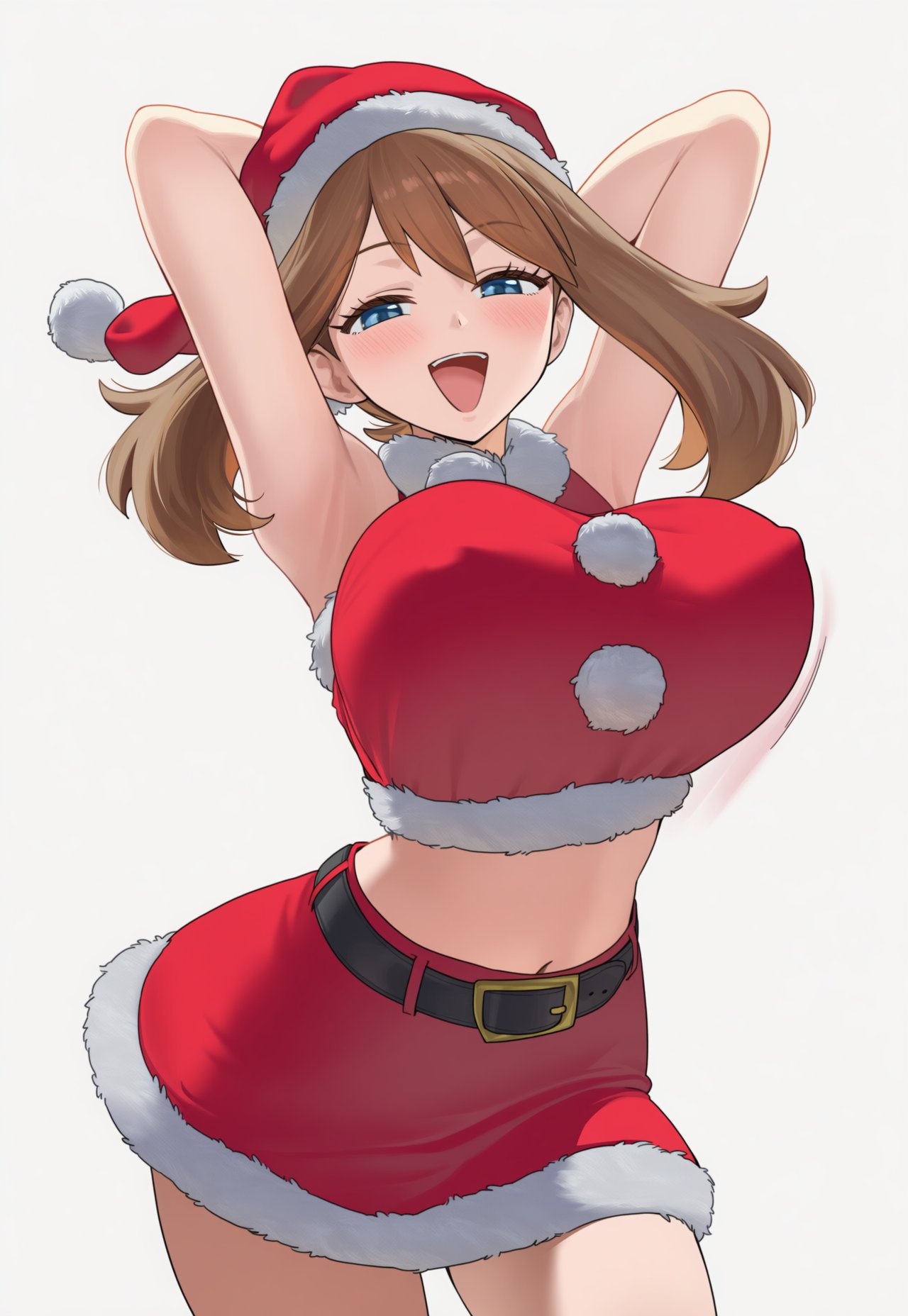 ai generated, big breasts, blue eyes, bouncing breasts, christmas clothing, christmas headwear, christmas outfit, christmas topwear, circle ueponzu, curvaceous, curvy, curvy figure, female, female only, hips, may (pokemon), nipples visible through clothing, pokemon, pokemon rgby, red topwear, simple background, skirt, topwear
