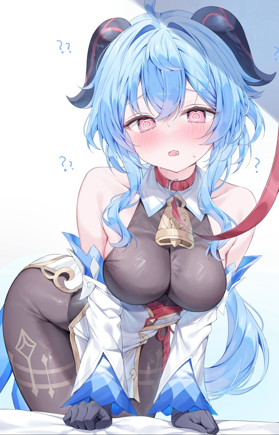 :o, ?, @ @, 1girls, bed, bent forward, bent over, blue hair, blush, breasts, clothed, collar, female, female only, fully clothed, ganyu (genshin impact), genshin impact, horns, hoyoverse, large breasts, leash, light skin, light-skinned female, mihoyo, pekokota, short hair, shoulders, solo, sweat