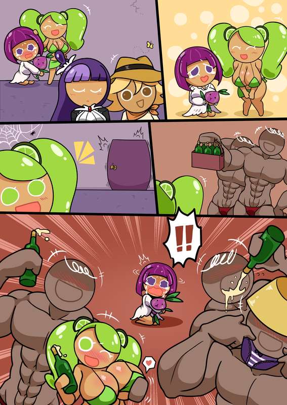 abs, adventurer cookie, aged up, alcohol, big breasts, bikini, blackberry cookie, cookie run, cookie run kingdom, crying, faceless male, female, flag (artist), lime cookie, muscular male, onion cookie, surprised expression, tagme, young