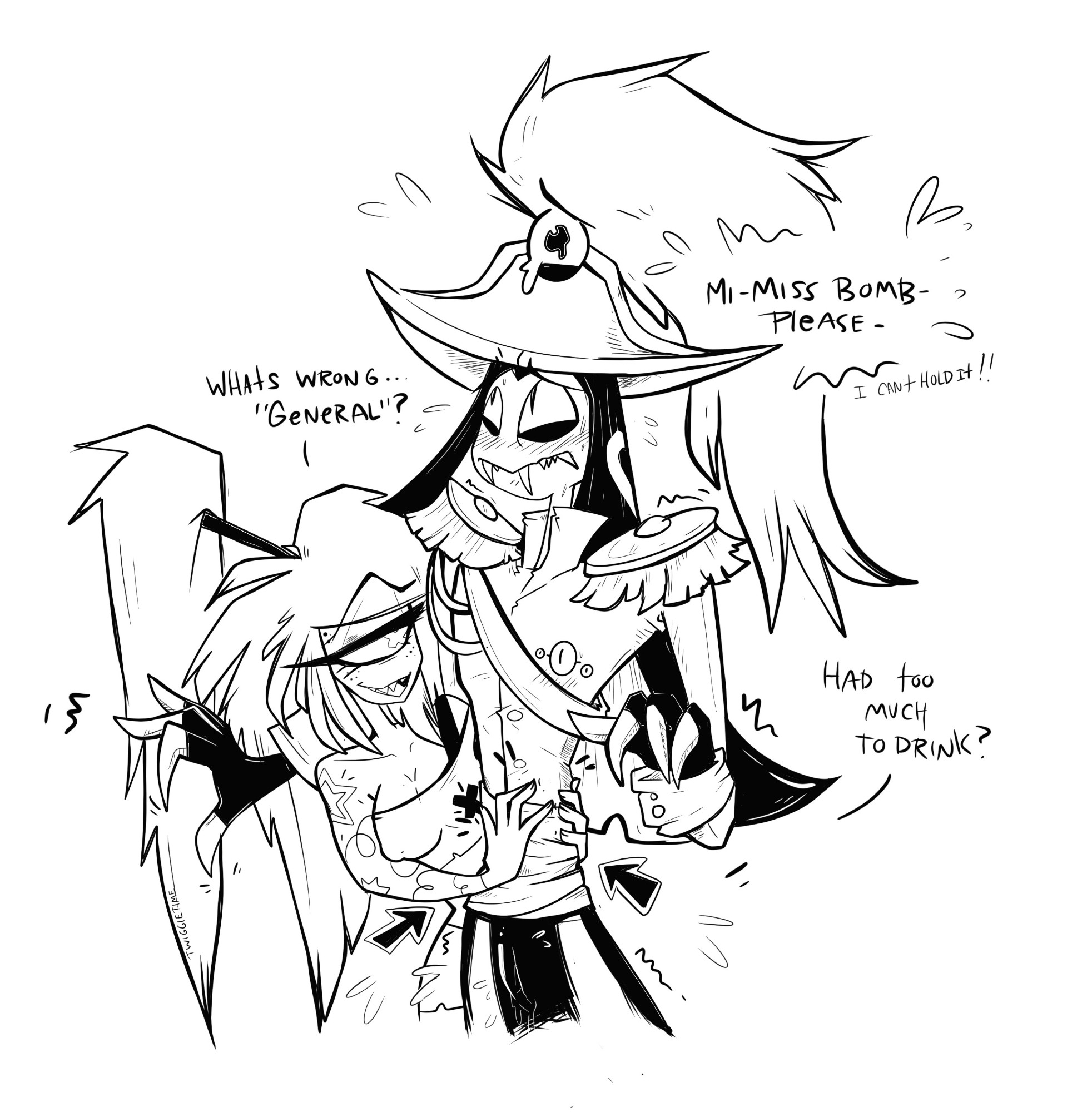 1boy, 1girls, 2025, 2d, arrow, arrow (symbol), blush, blush lines, cherri bomb, cherri bomb (hazbin hotel), clothed, cyclops, fangs, female, hazbin hotel, holding in urine, male, monochrome, omorashi, plain background, sentient object, sir pentious, sir pentious (hazbin hotel), snake, twiggietime, vivienne medrano, watermark, watersports, white background