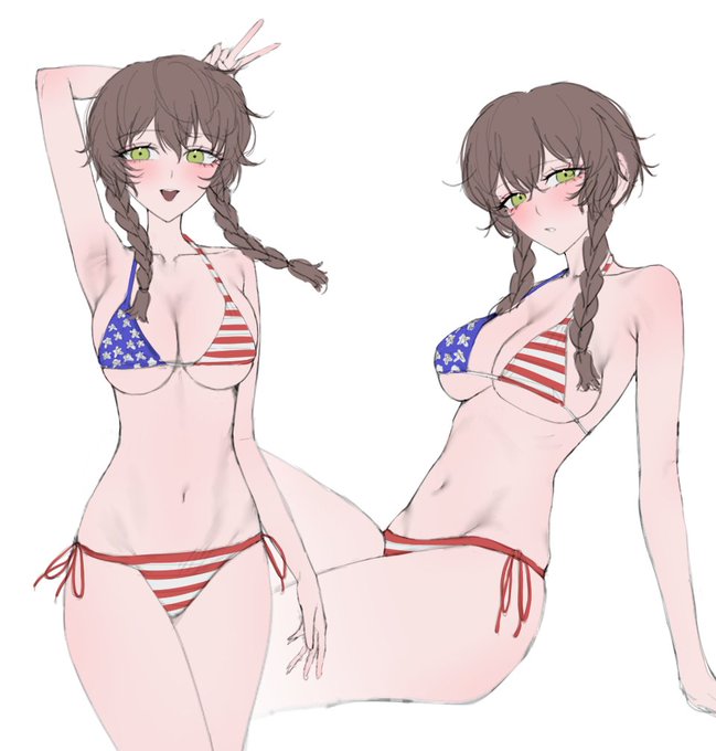 2d, amane suzuha, american flag bikini, arms up, bikini, bikini only, breasts, breasts focus, female, female only, koha 2652, long hair, looking at viewer, peace sign, sitting, steins;gate, underwear, underwear only, wip