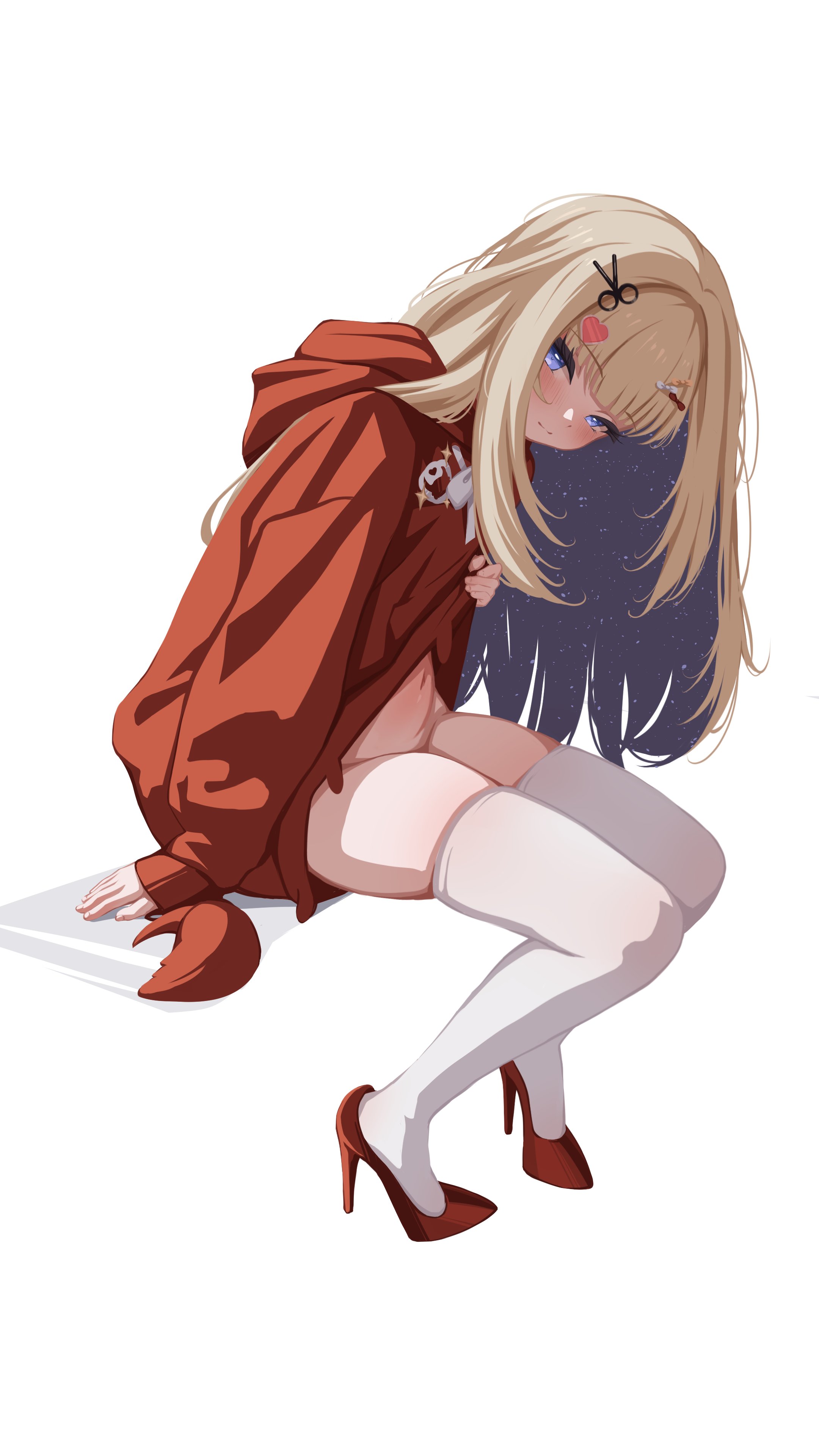1girls, absurdres, amanogawa shiina, amanogawa shiina (crab outfit), blonde hair, blue eyes, clothes lift, colored inner hair, female, groin, hair ornament, heart, heart hair ornament, high heels, highres, hood, hood down, hoodie, hoodie lift, leaning forward, light blush, light skin, light-skinned female, long hair, looking at viewer, midriff, multicolored hair, navel, no panties, petite, phase alias, phase connect, red hoodie, red shoes, sansha art, shoes, simple background, sitting, skindentation, small breasts, solo, stiletto heels, tease, thick thighs, thigh squish, thighhighs, thighs, tummy, virtual youtuber, white background, white thighhighs