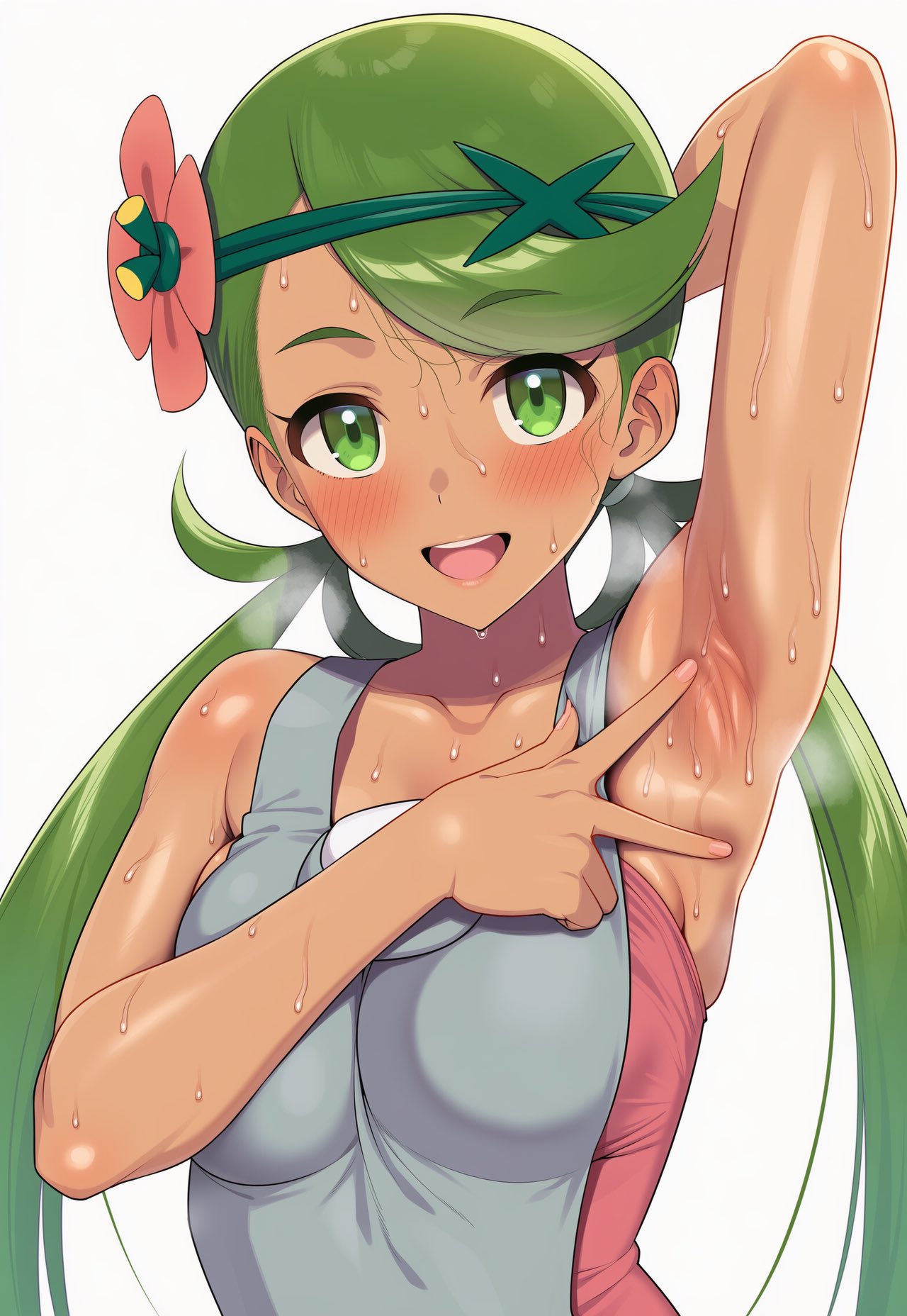:d, 1girls, ai generated, arm up, armpits, bangs, bare shoulders, bdfuri, blush, breasts, collarbone, dark skin, eyebrows visible through hair, female, flower, green eyes, green hair, hair flower, hair ornament, long hair, looking at viewer, mallow (pokemon), open mouth, pokemon, pokemon sm, smile, solo, sweat, swept bangs, twintails, upper body, white background