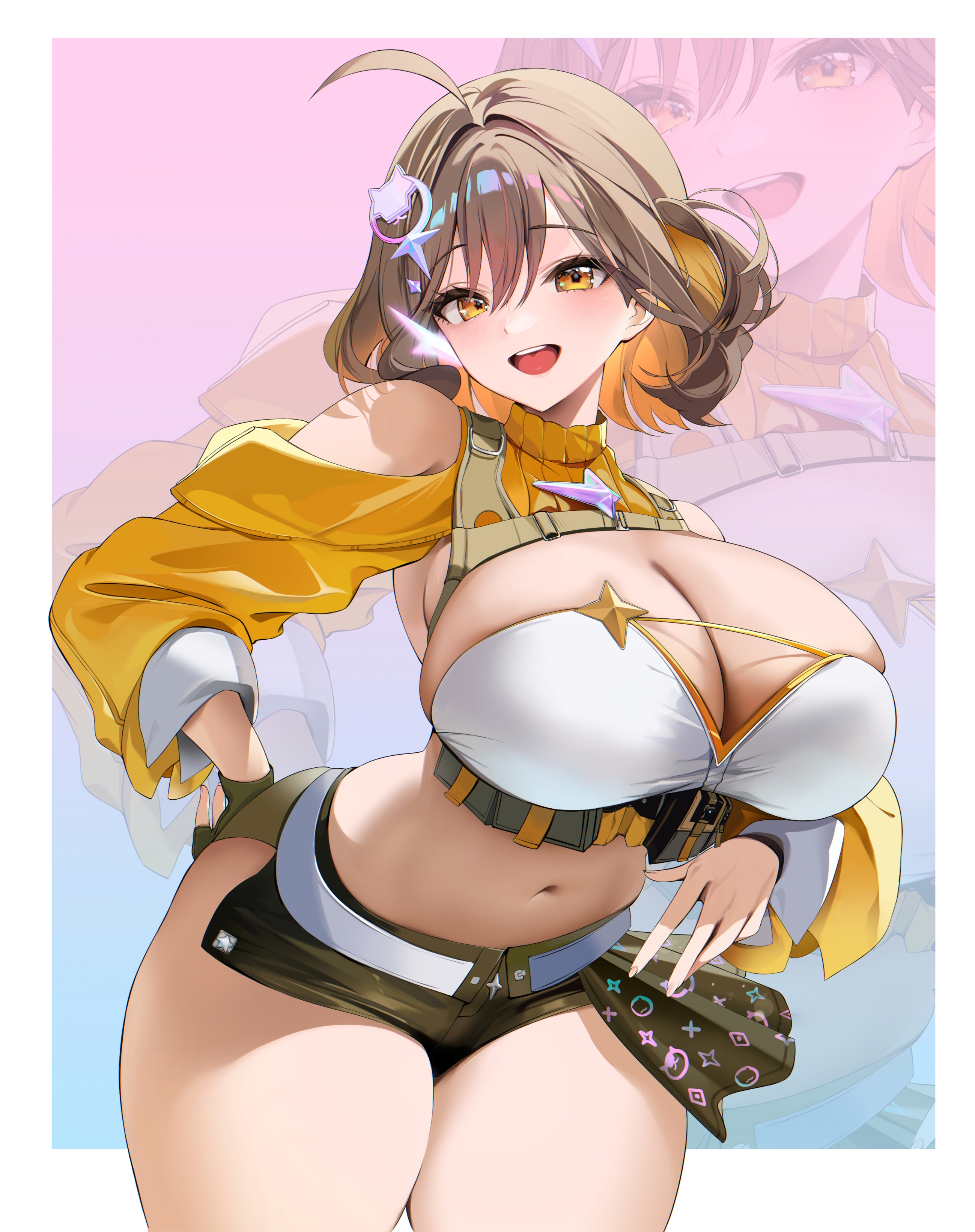 1girls, amber eyes, anis (nikke), anis (star) (nikke), belly button, big breasts, big hips, breasts, breasts bigger than head, female, female only, goddess of victory: nikke, hair ornament, hand on hip, hidogod, hips, looking at viewer, mostly clothed, pale-skinned female, short hair, smile, smiling, smiling at viewer, tagme, thick thighs, thighs