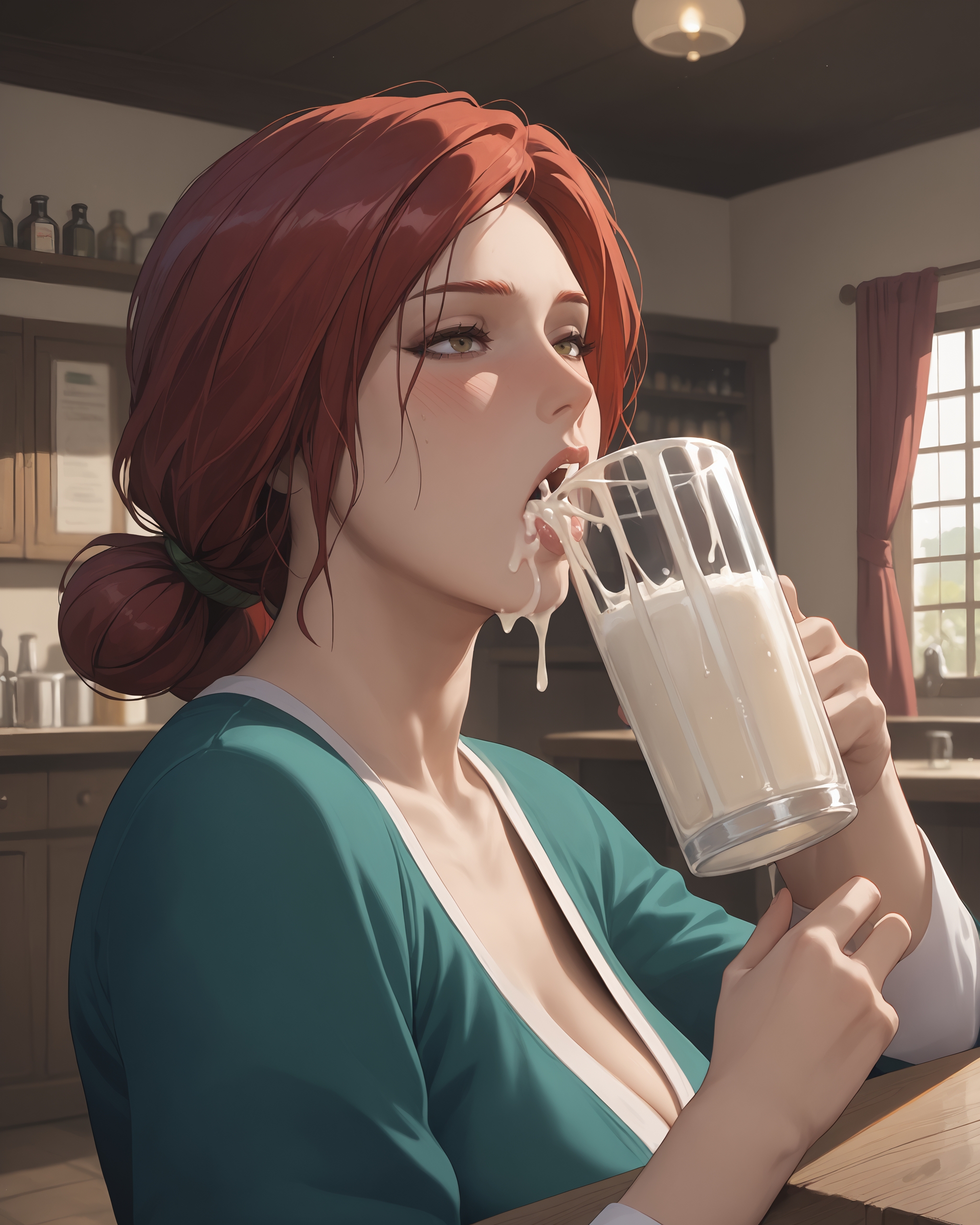 ai generated, artifical art, big breasts, breasts, cum drinking, cum glass, cum in glass, drinking cum, drinking semen, female, glass of cum, red hair, the witcher, the witcher (series), the witcher 3: wild hunt, triss merigold
