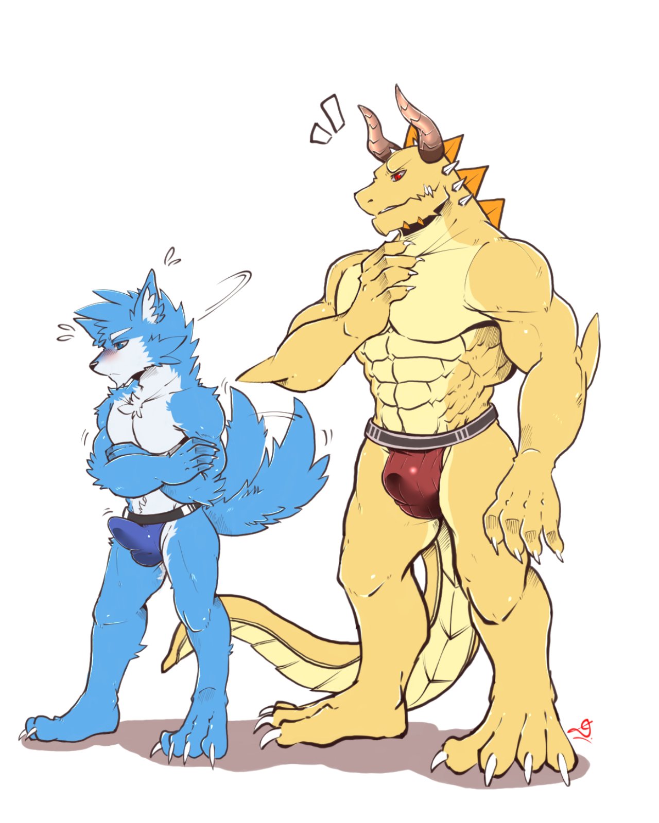 anthro bulge canine clothing dragon drakonika123 duo erection jockstrap kemono male mammal muscular muscular_male penis_outline scalie size_difference underwear yaoi