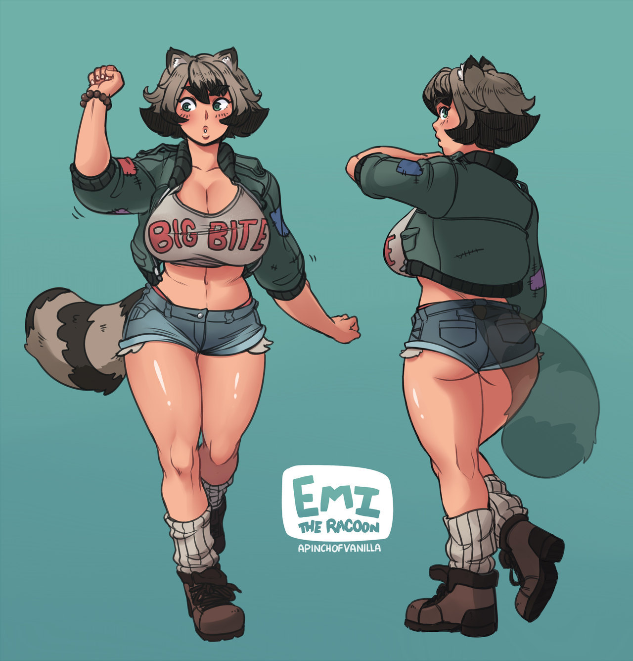 a pinch of vanilla, blue background, breasts, emi (a pinch of vanilla), female, large breasts, original, raccoon ears, raccoon tail, short shorts, tank top