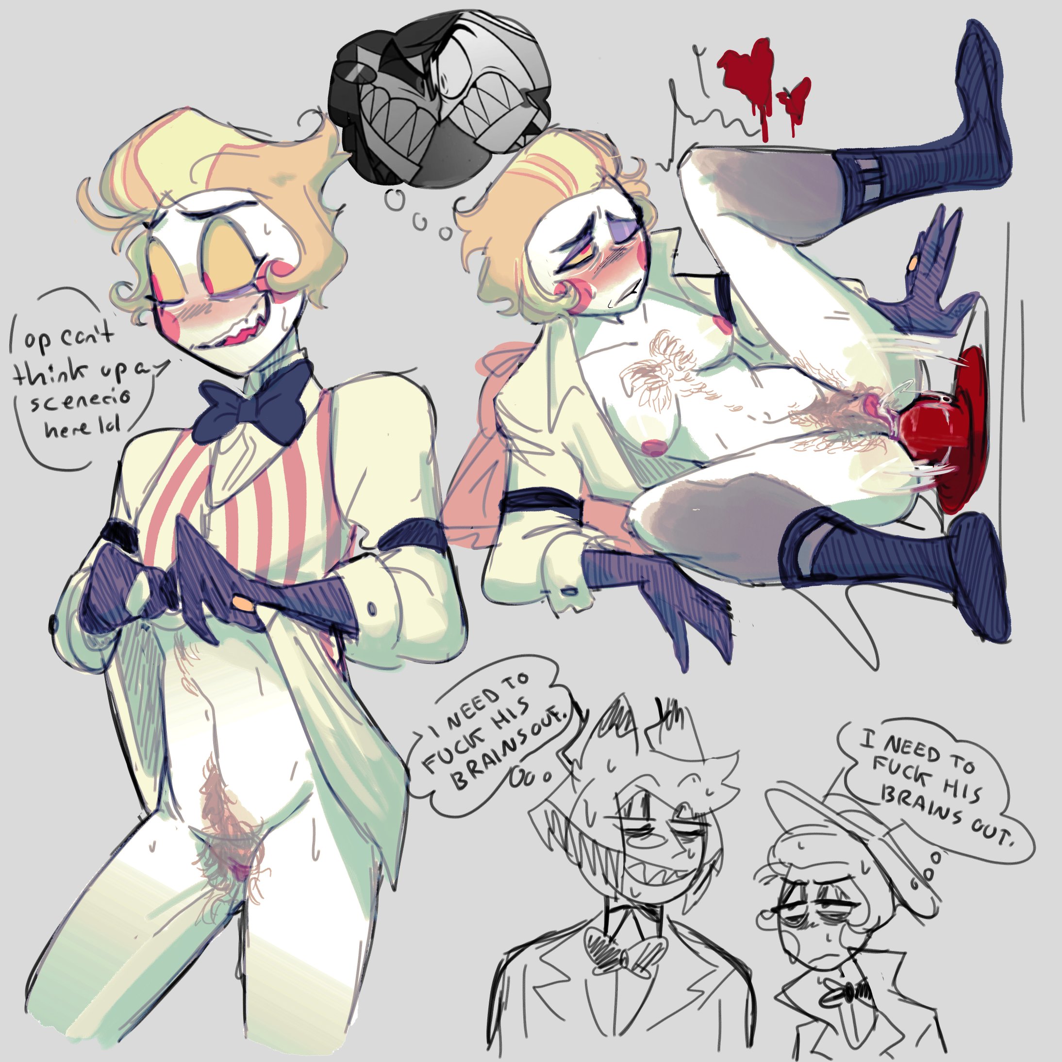 alastor (hazbin hotel), breasts, cuntboy, cuntboy with breasts, depriviolent, dildo in ass, hazbin hotel, intersex, lucifer morningstar (hazbin hotel), masturbation, partially clothed, sex toy, transmasc