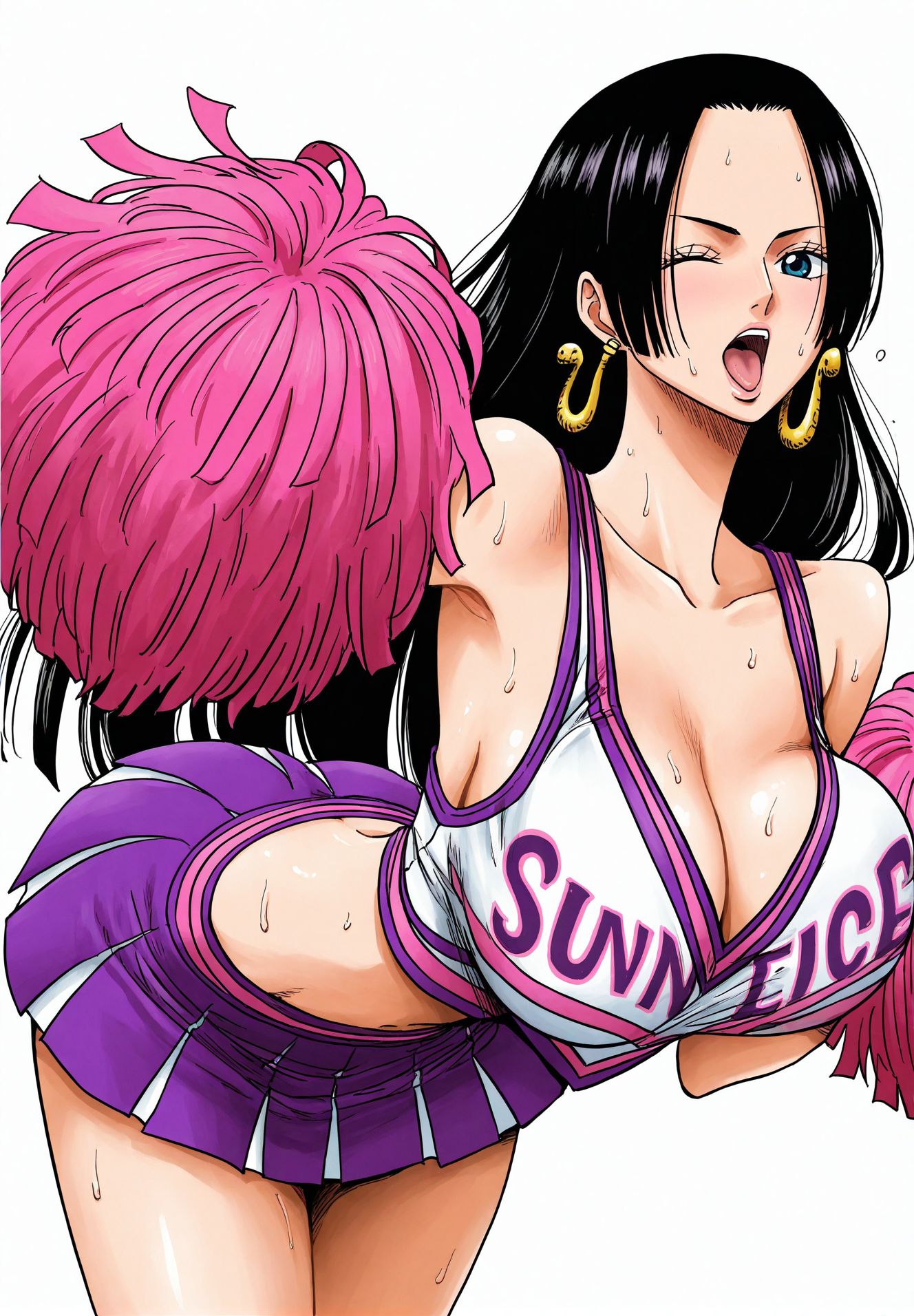 1girls, ai generated, big breasts, black hair, black-haired female, boa hancock, breasts, cheerleader, cheerleader outfit, cheerleader uniform, clothing, female, female only, one piece, short skirt, sideboob, solo, solo female, solo focus, sweat, yashin