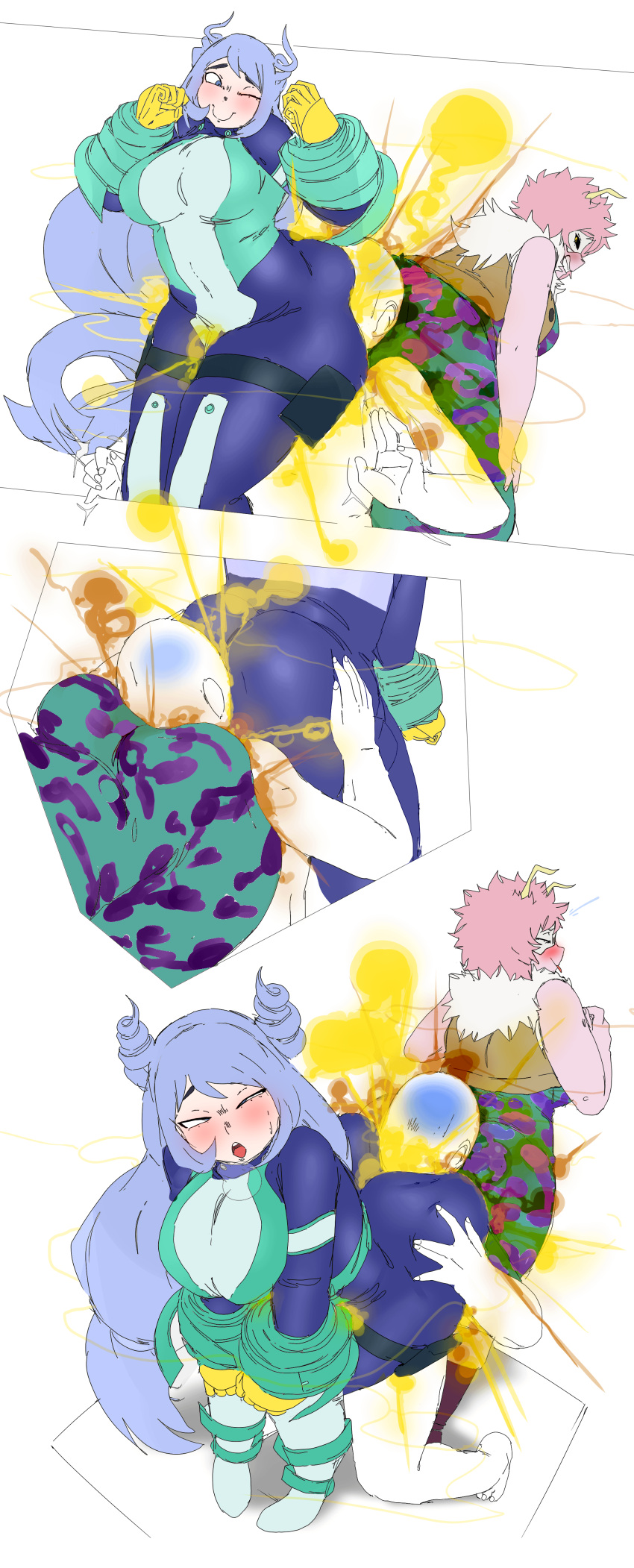 2d ass ass_sandwich blush brap bullying enjoying_farts fart fart_fetish fart_torture fat_ass female female_focus heart lazei mina_ashido minoru_mineta my_hero_academia nejire_hado nejire_hado_(hero_outfit) pervert thick_thighs