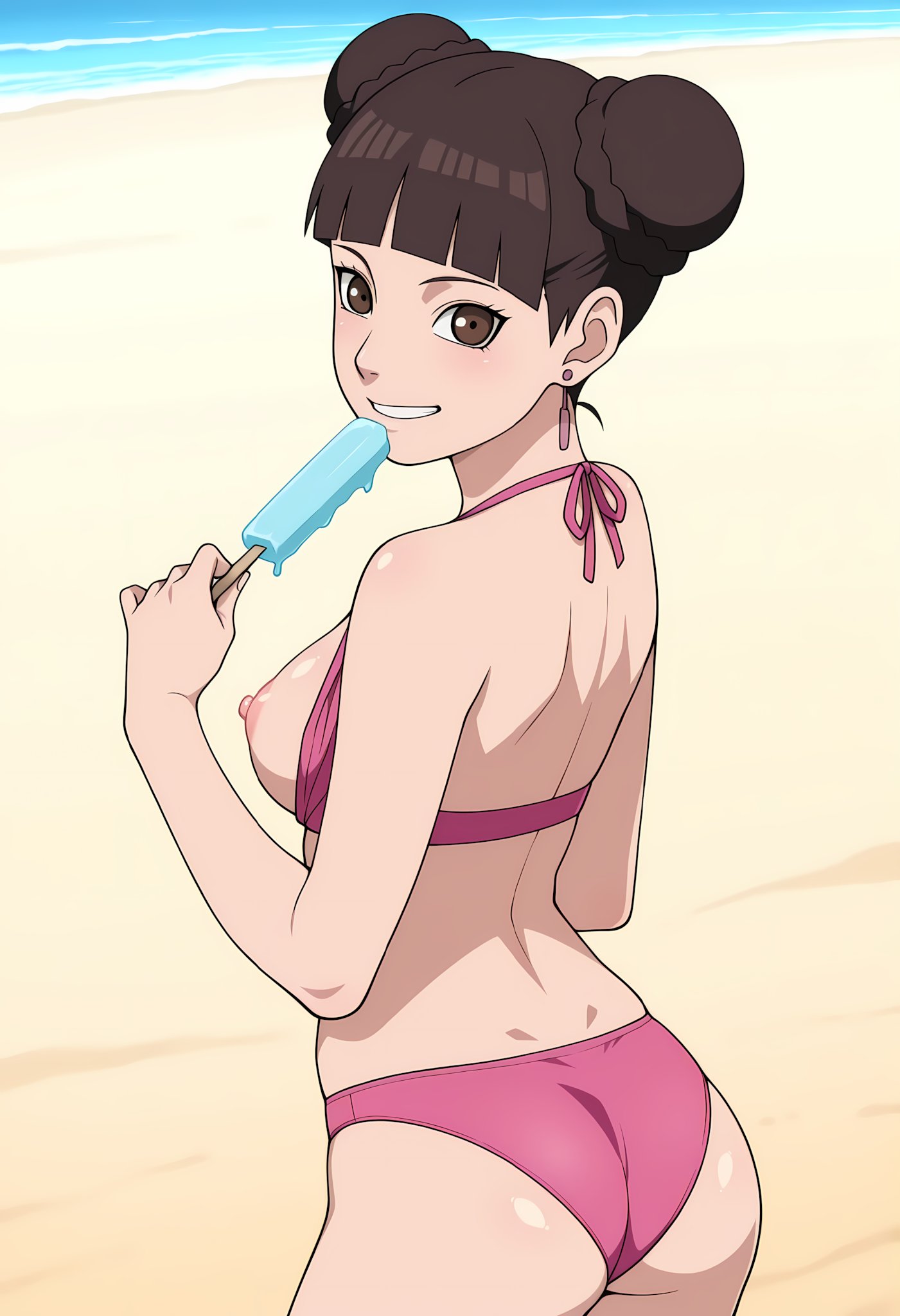 1girls, ai generated, ass, ass focus, beach, big breasts, bikini, bikini bottom, bikini top, blush, boruto: naruto next generations, breasts, brown eyes, brown hair, busty, cameltoe, cleavage, clothing, female, female focus, female only, from behind, grin, hair buns, hi res, high resolution, highres, holding object, inviting to sex, lake, large breasts, light skin, light-skinned female, lips, long hair, looking at viewer, looking back, melting, melting popsicle, narugirlshot, naruto, naruto (series), naughty, naughty face, naughty smile, outdoors, outside, pale skin, pale-skinned female, popsicle, pussy, shounen jump, smile, solo, standing, swept bangs, swimsuit, tenten, tied hair, upper body
