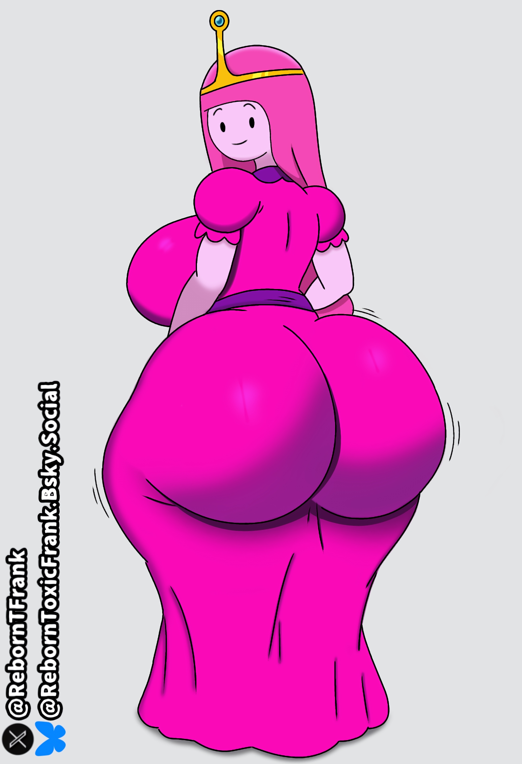 1girl, 2026, 2d, 2d (artwork), adventure time, ass in dress, bubble ass, bubble butt, bubble gum, cartoon network, dress, female, female only, huge ass, huge breasts, looking at viewer, pink clothing, pink hair, princess bubblegum, reborntfrank, self upload, smile, smiling, tight dress