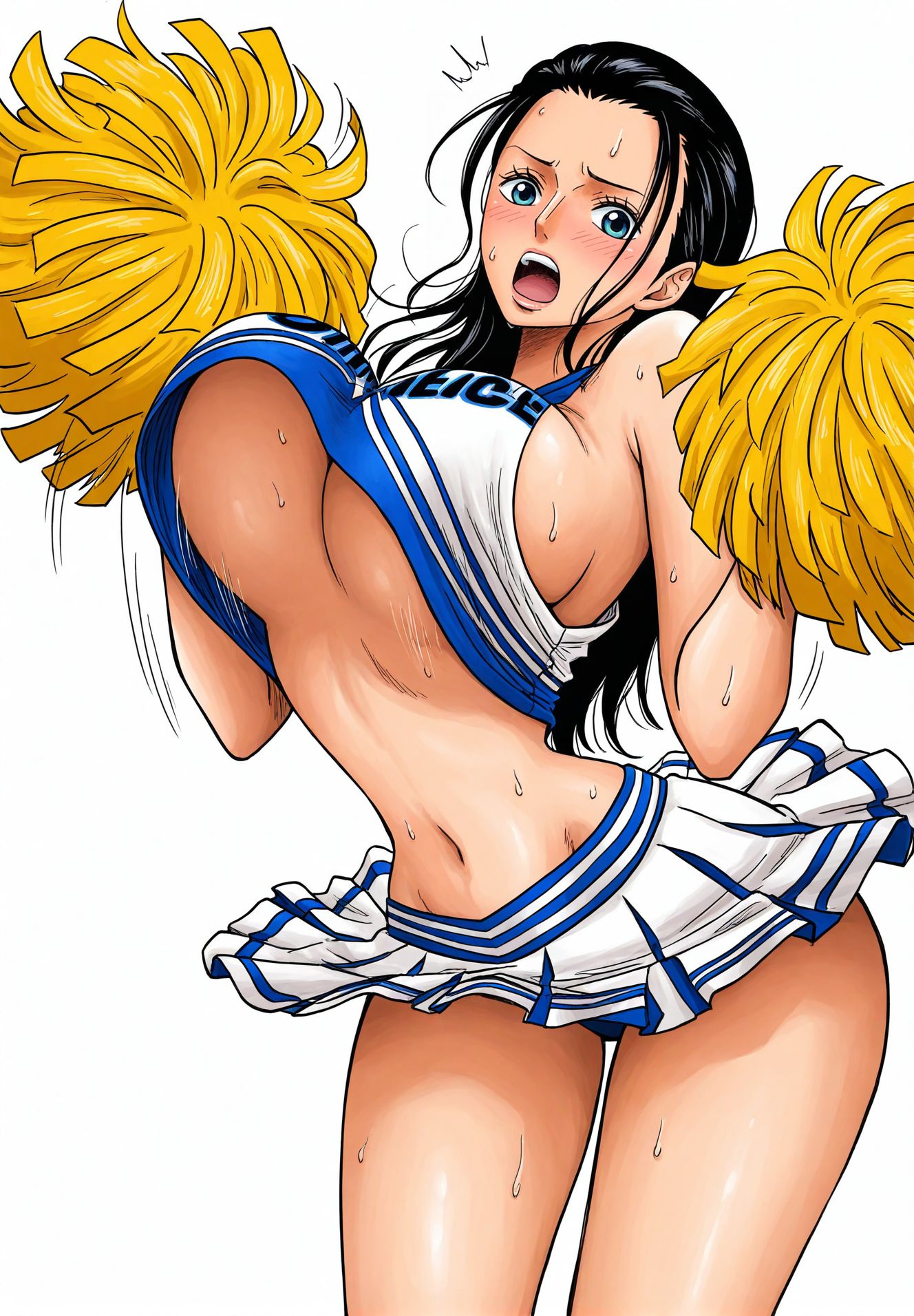 1girls, ai generated, big breasts, black hair, black-haired female, breasts, cheerleader, cheerleader outfit, cheerleader uniform, clothing, female, female only, nico robin, one piece, short skirt, sideboob, solo, solo female, solo focus, underboob, yashin
