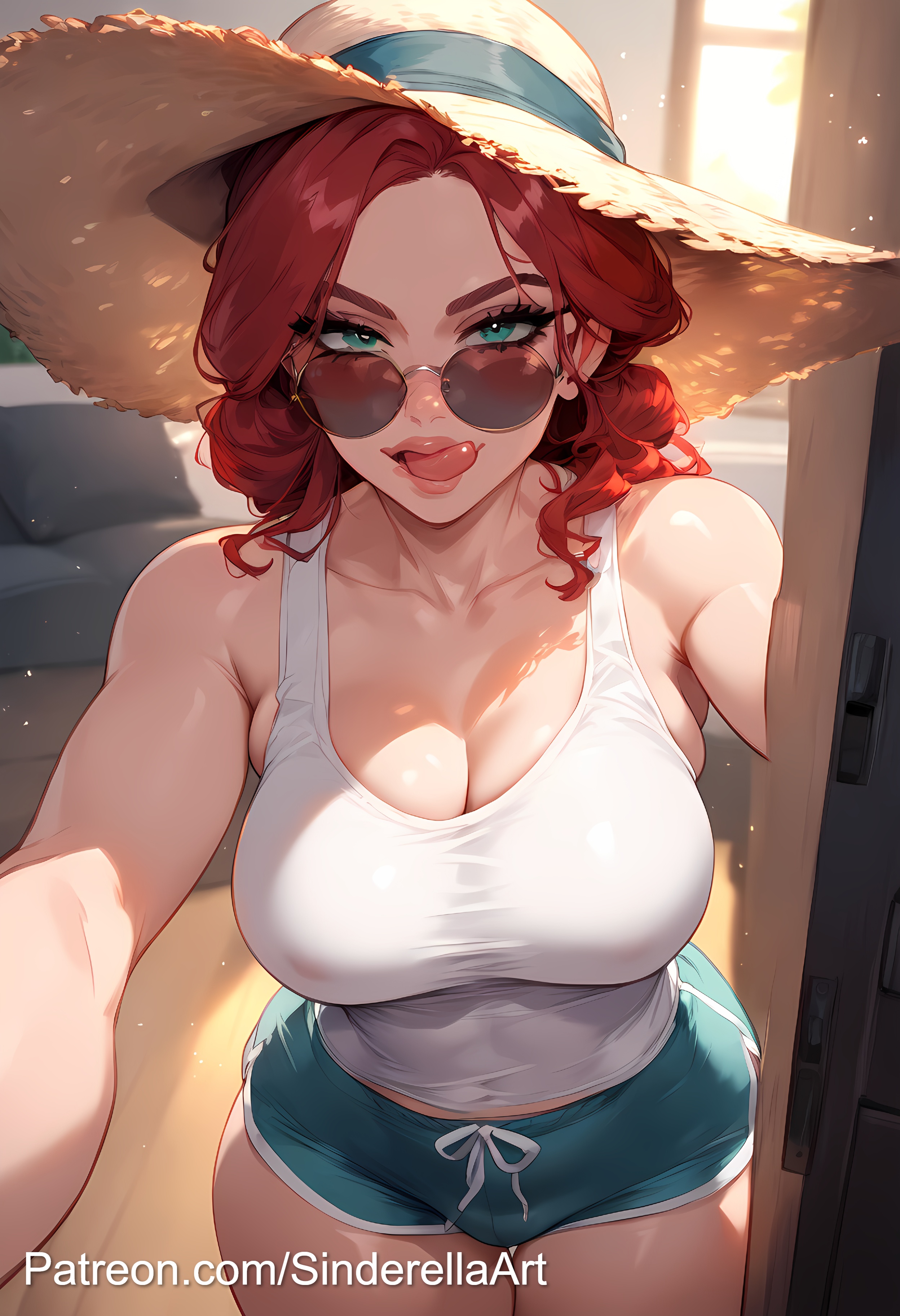 1girls, ai generated, ass, breasts, busty, cleavage, commission, female, green eyes, large ass, large breasts, licking lips, light skin, light-skinned female, looking at viewer, looking over eyewear, looking over sunglasses, patreon, patreon url, patreon username, red hair, sinderellaart, solo, sunglasses, the witcher (series), the witcher 3: wild hunt, thick, thick legs, thick thighs, tinted eyewear, triss merigold, voluptuous
