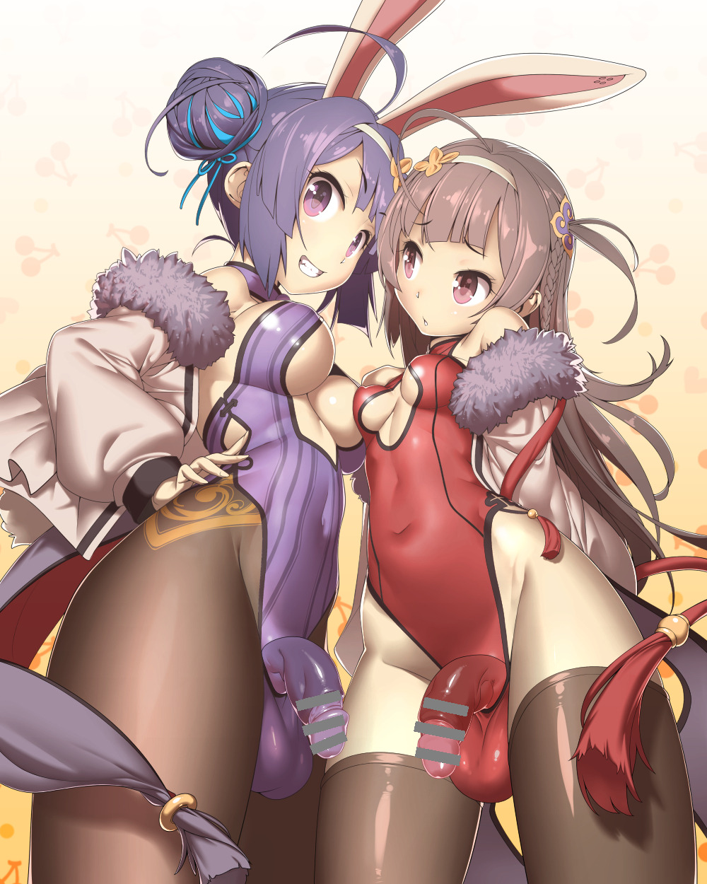 2futas azur_lane balls breasts bunny_ears bunny_girl bunnysuit censored cleavage dickgirl futa_only futa_with_futa futanari intersex looking_at_viewer ning_hai_(azur_lane) penis ping_hai_(azur_lane) testicles thighhighs tomoyuki_kotani