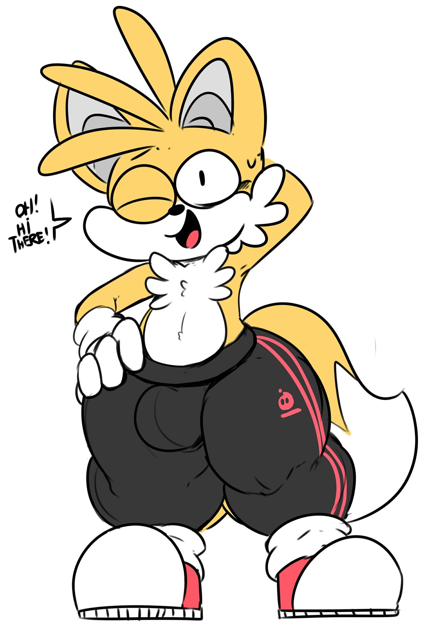 1boy, anthro, arm behind head, ass, big ass, big butt, big hips, bulge, colored, elchilenito, femboy, feminine tails, fox, frills, fur, hand on hip, hyper hips, hyper thighs, male, male only, sega, solo, solo male, sonic (series), sonic team, sonic the hedgehog (series), sweatpants, tails, tails the fox, topless, voluptuous, white fur, yellow fur, yoga pants