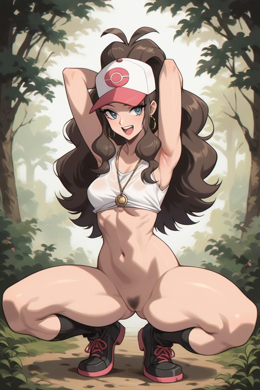 ai_generated armpits blue_eyes brown_hair cap covered_breasts faprunner78 forest hands_behind_head hat hilda_(pokemon) hips long_hair looking_at_viewer necklace open_mouth partially_clothed pokemon pubic_hair pussy shoes slim_girl slim_waist smiling thick_thighs thighs vagina waist wide_hips