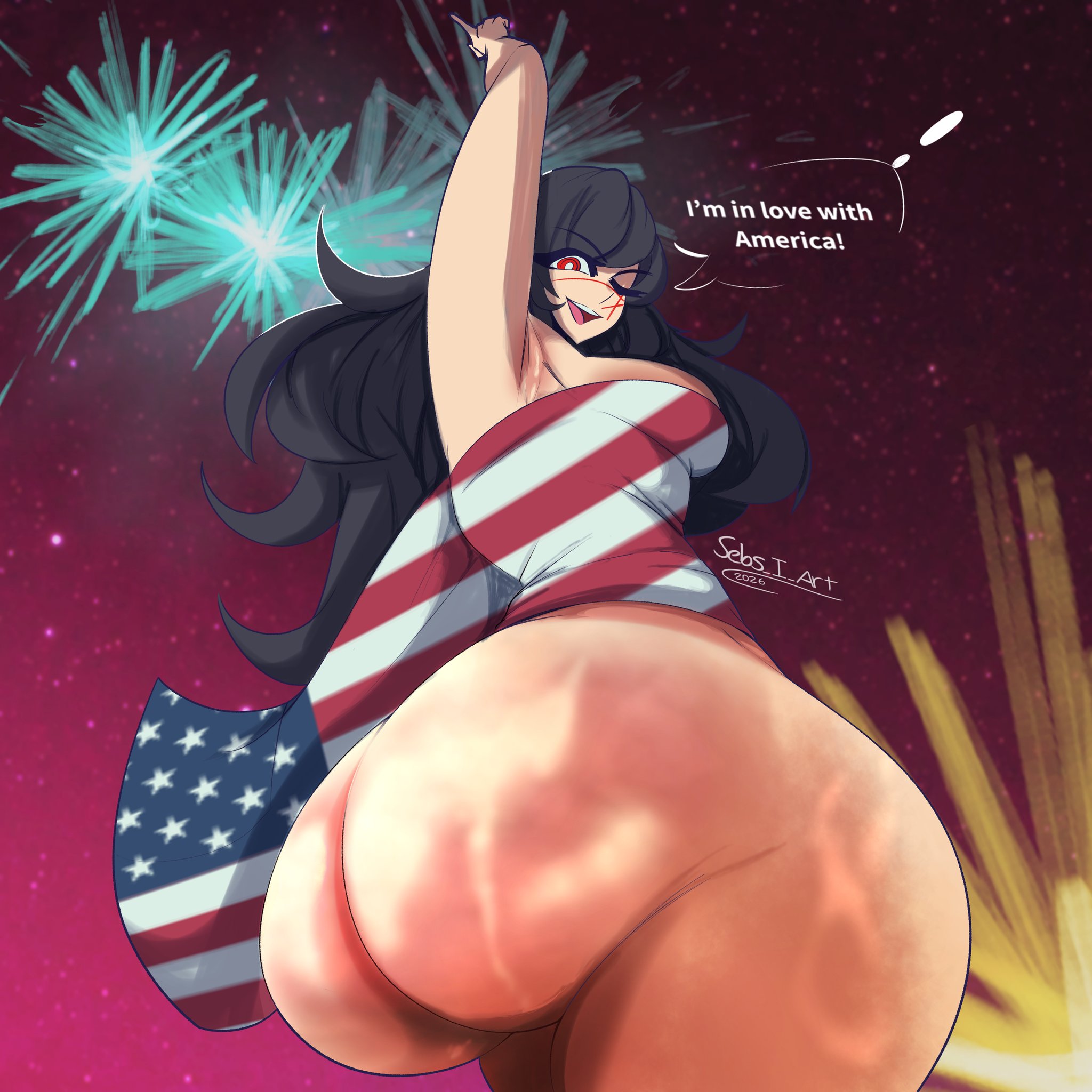 1girls, 4th of july, american flag, ass, big ass, chainsaw man, dialogue, fat ass, female, female only, huge ass, large ass, looking at viewer, looking back, low-angle view, massive ass, nude, nude female, sebs i art, solo, sweat, sweatdrop, sweaty ass, talking to viewer, text, thick ass, thick thighs, wide hips, yoru (chainsaw man)