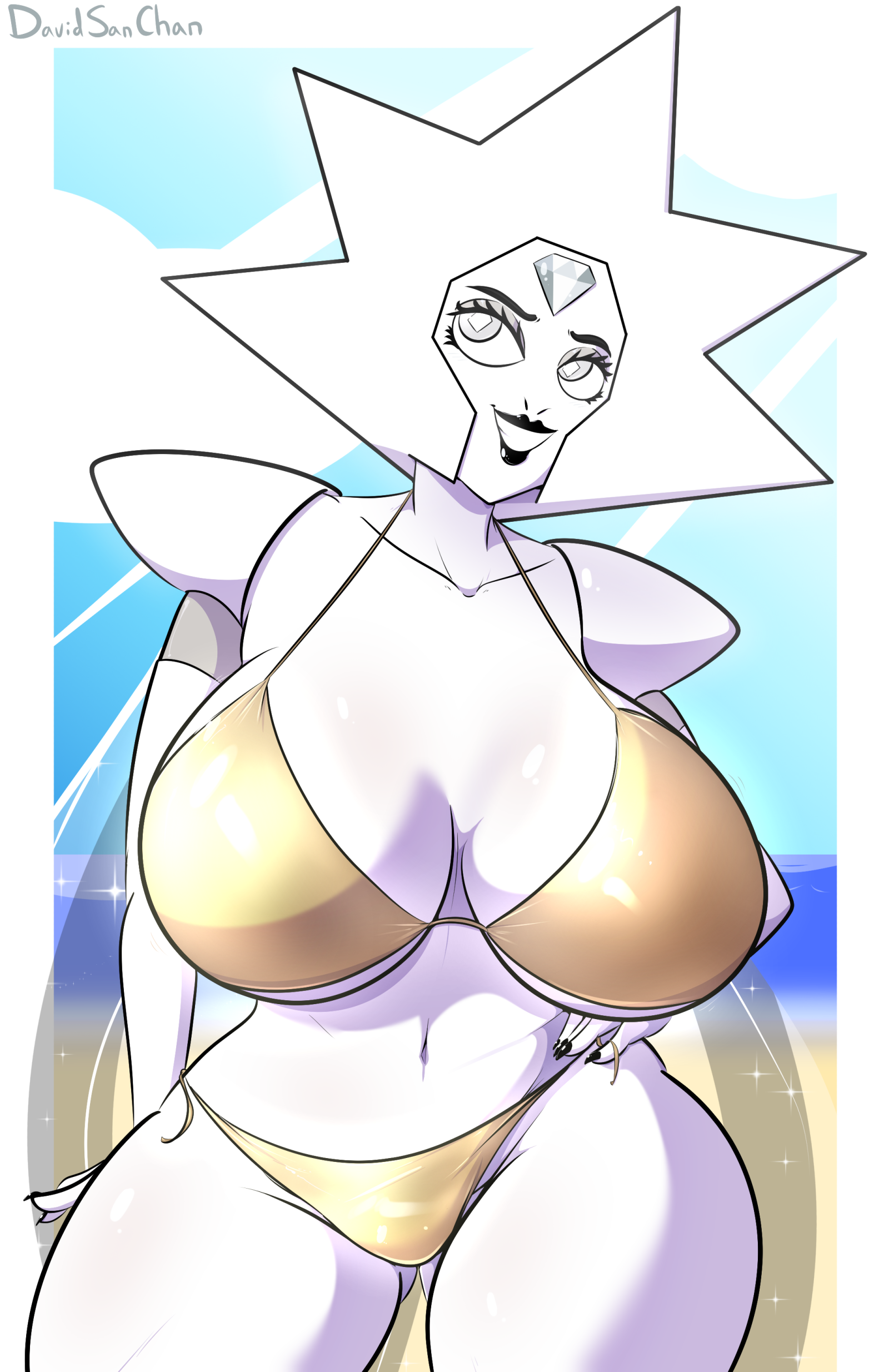 1girls, big breasts, bikini, breasts, cartoon network, davidsanchan, female, gold bikini, golden bikini, golden week, huge breasts, humanoid, looking at viewer, steven universe, white body, white diamond (steven universe), white skin, white-skinned female