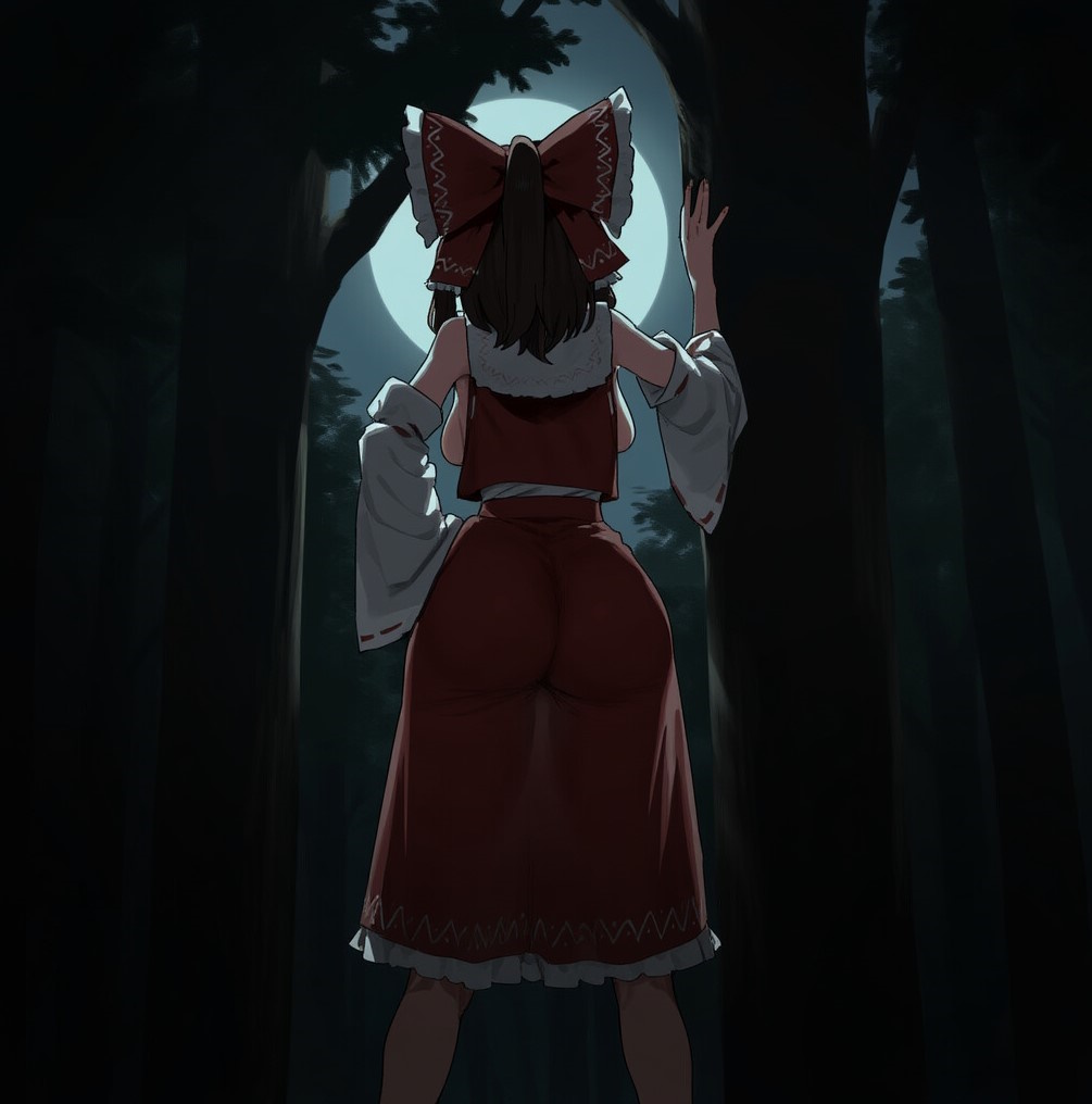 ai generated, ass, big ass, breasts, dress, female, forest, from behind, hair ribbon, hairbow, huge ass, moonlight, pluqqi, red dress, reimu hakurei, see-through, see-through clothing, sideboob, solo, standing, touhou, tree