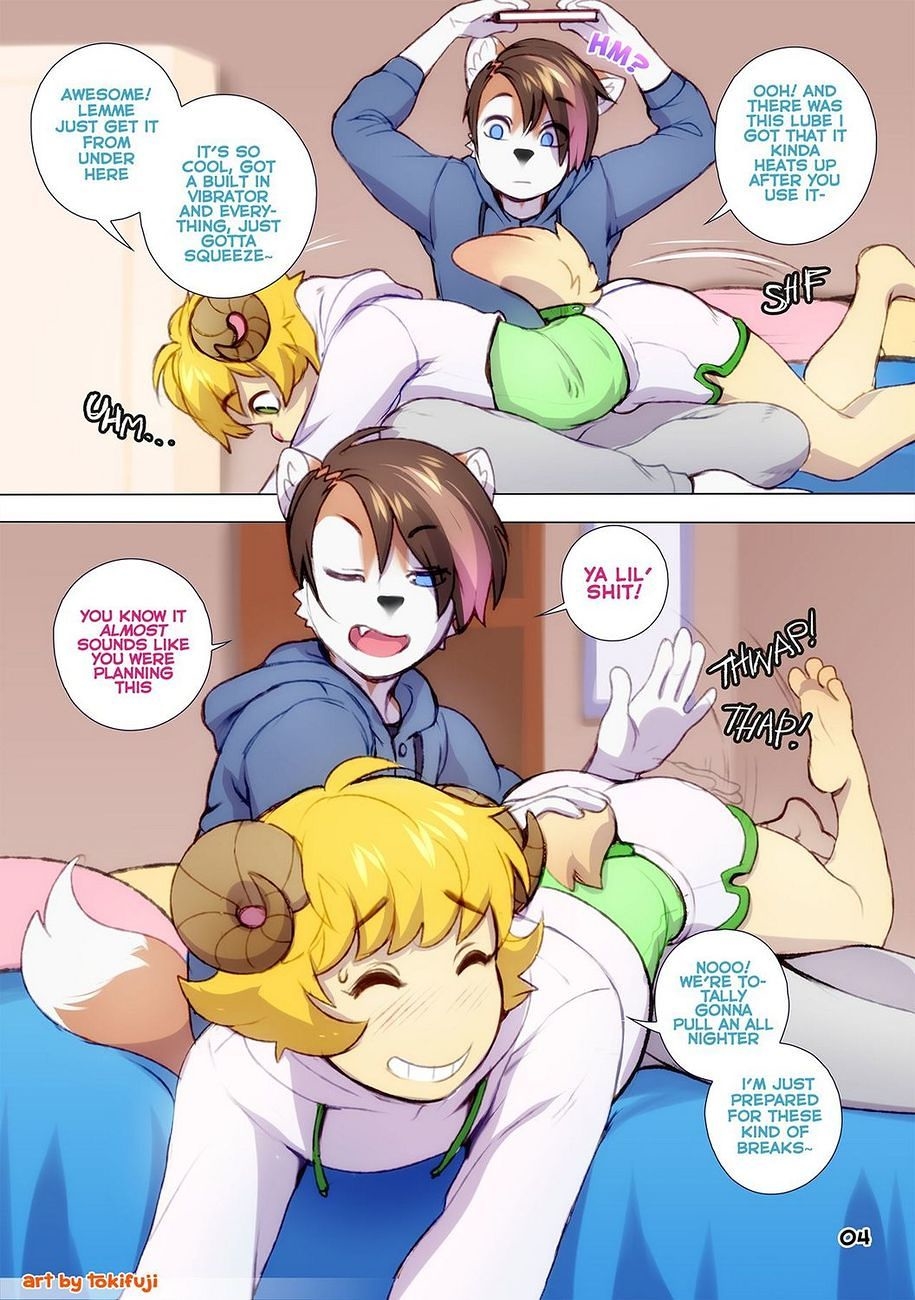 2boys, 2femboys, 2males, bed, bedroom, boy, boys, brown hair, dyed hair, femboy, femboy fox, flirting, fox, fox boy, fox ears, fox male, fox tail, horns, in bed, in bedroom, keiran tracey, keiran tracey (character), male, males, milo stefferson, milo stefferson (character), ram, ram horns, sheep, sheep boy, smack, smacking, smacking ass, smacking butt, spank, spanking, spanking ass, spanking butt, tokifuji, twink, twinks
