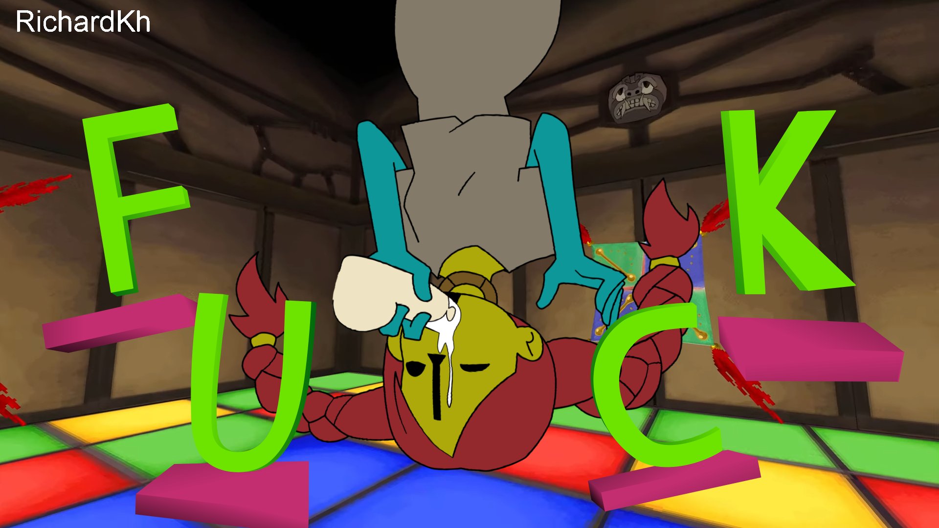 accurate art style, accurate body type, accurate proportions, breasts, cum, dream bbq, dressed, ena (series), female, fuck, humanoid, lilyheadache, looking at viewer, male, medium breasts, mitu (dream bbq), penis, richardkh, tail, talking to viewer, upside-down, yellow body