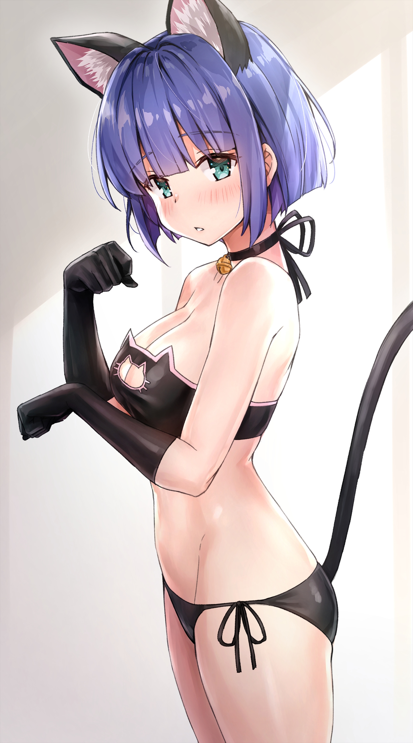 1girls, absurdres, animal ear fluff, animal ears, bare shoulders, bell, black bra, black gloves, black lingerie, black panties, blunt bangs, bra, breasts, cat cutout, cat day, cat lingerie, cat tail, cleavage, clothing cutout, commentary, cowboy shot, eyelashes, fake animal ears, fake tail, female, gloves, green eyes, highres, izumi hina (neet kunoichi), kemonomimi mode, kotatsu (kotatsu358), koyuki (kotatsu358), light skin, light-skinned female, lingerie, looking at viewer, medium breasts, meme attire, neck bell, neet de otaku na kunoichi to naze ka dousei hajimemashita, nekomimi, panties, parted lips, paw pose, petite, purple hair, short hair, side-tie panties, solo, strapless, strapless bra, tail, underwear
