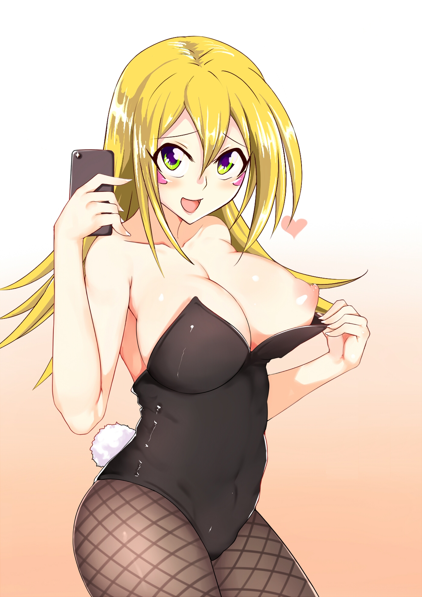 1girls, areola, armpits, artist request, ass, bare shoulders, bimbo, blonde hair, blush, breasts, bunny costume, bunny tail, bunnysuit, cleavage, cosplay, dark magician girl, eyelashes, female, female only, fishnet pantyhose, fishnets, green eyes, holding, huge breasts, long hair, looking at viewer, nipples, one breast out, orange background, phone, selfie, smile, tongue, yu-gi-oh!, yu-gi-oh! duel monsters