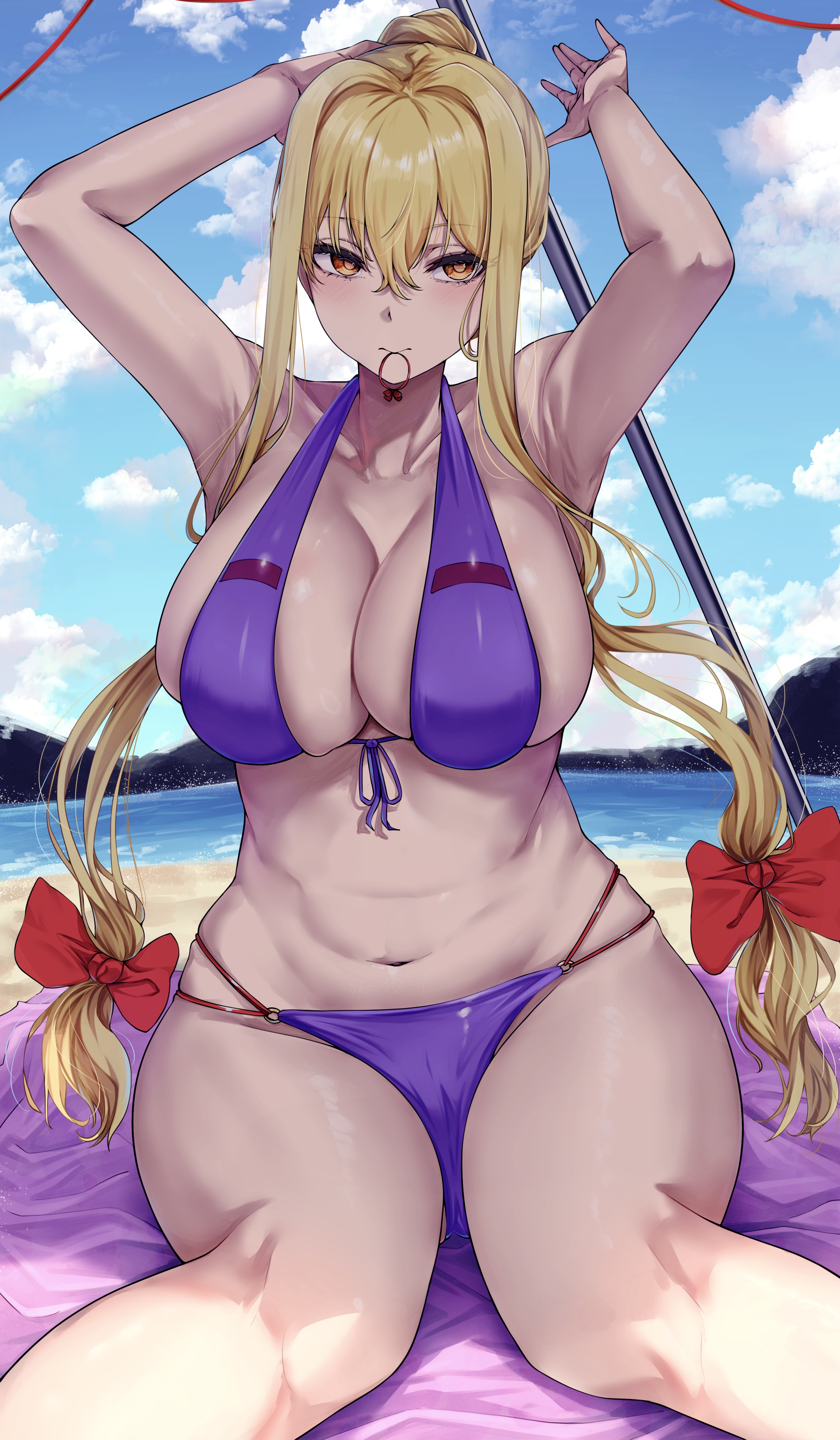 1girls, beach, beach towel, bikini, blonde hair, breasts, female, female focus, female only, large breasts, long hair, milf, mirufui, no sex, older female, purple bikini, purple clothing, sitting on beach towel, solo, solo female, thighs, tied hair, touhou, tying hair, yukari yakumo