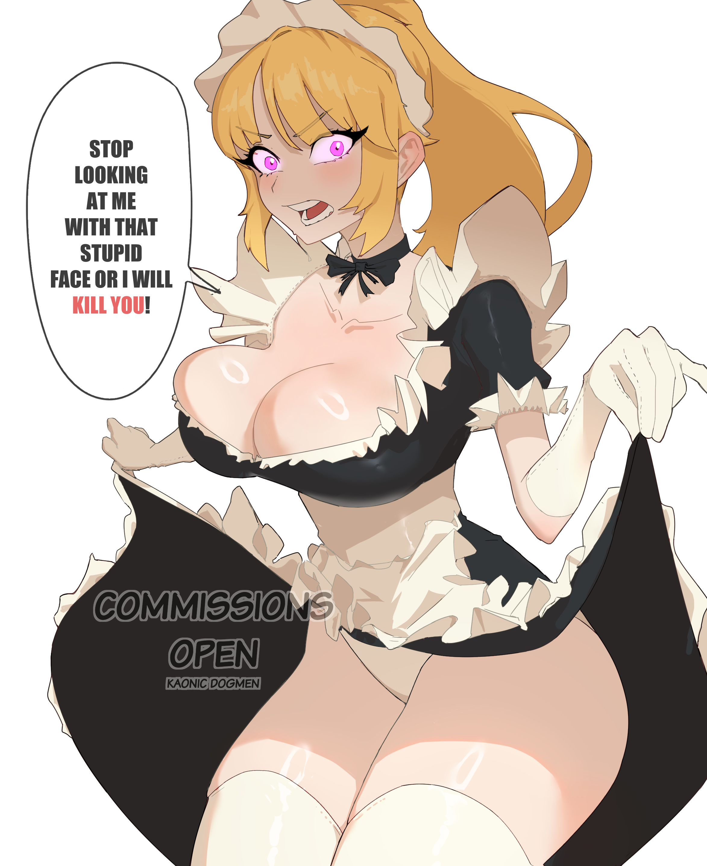 annoyed, annoyed expression, big breasts, blonde hair, breasts, cleavage, english text, female, five nights at freddy's, five nights at freddy's: security breach, glitchtrap possession, kaonicdogmen, lifting skirt, maid, maid uniform, panties, purple eyes, solo, text, thick thighs, uniform, vanessa (fnaf)