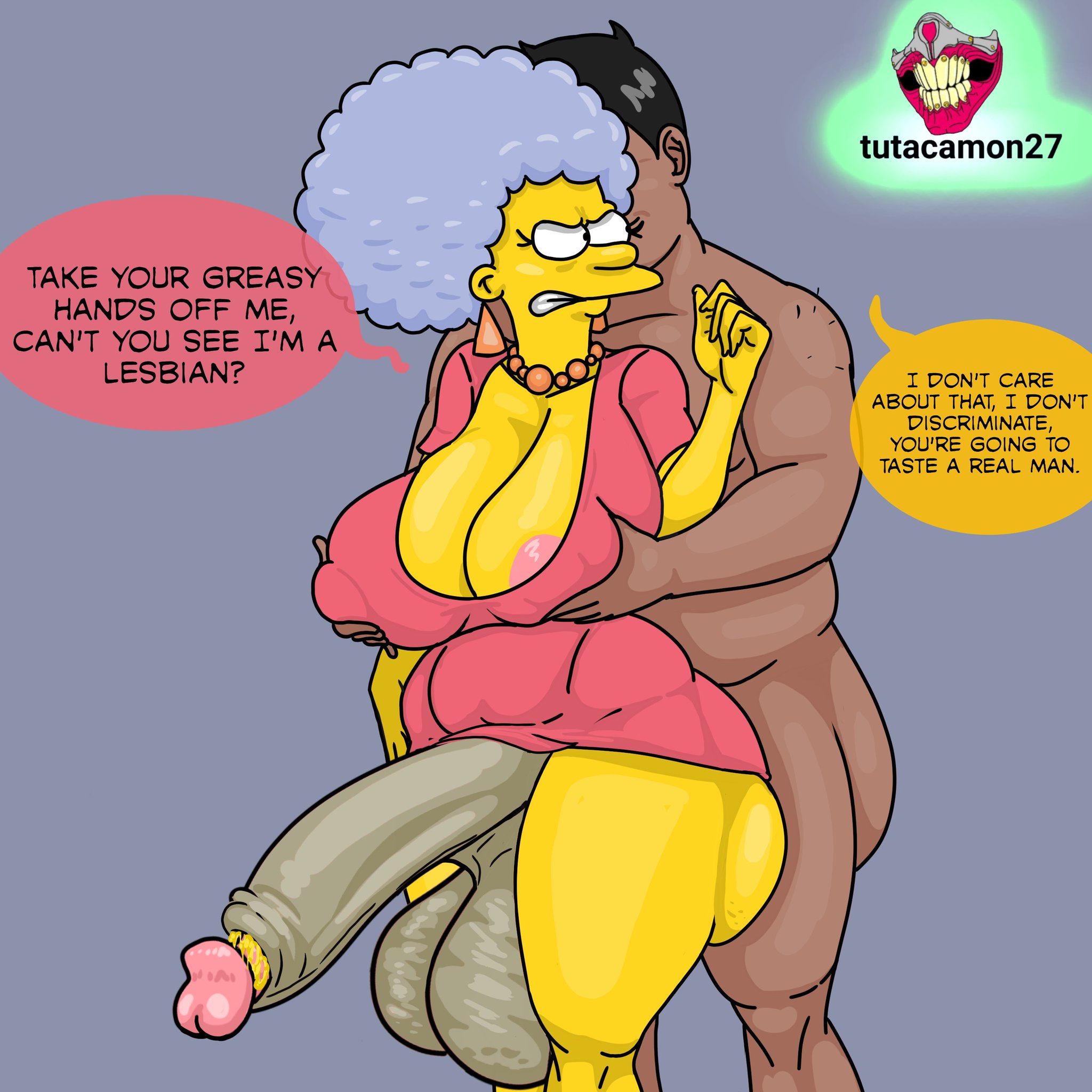 1boy, 1futa, afro, ass, barely clothed, caption, fat ass, female, futanari, gilf, homophobia, intersex, male, no panties, old lady, older female, patty bouvier, phat ass, smegma, the simpsons