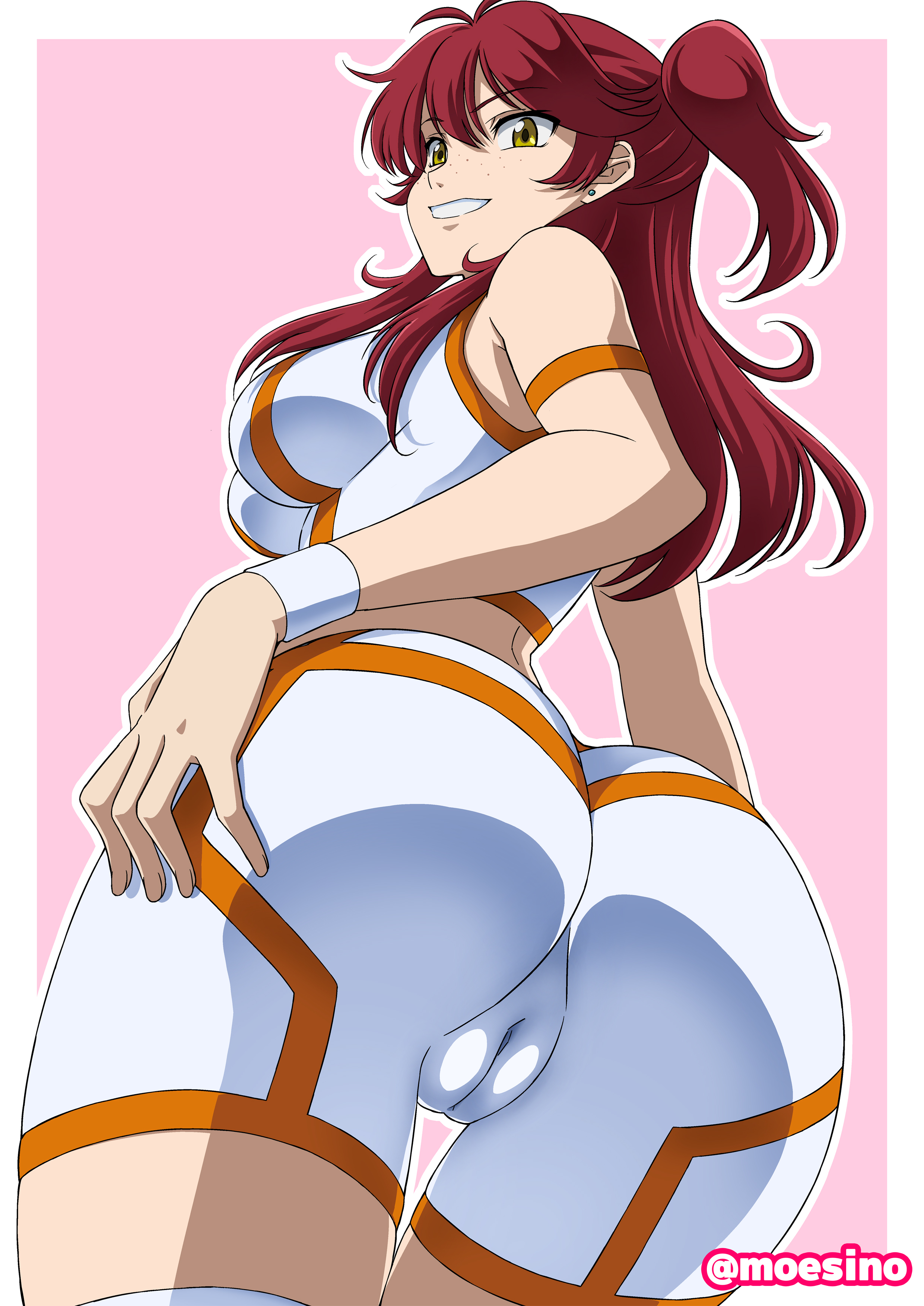 1girls, absurdres, artist name, ass, border, breasts, cameltoe, cleft of venus, commentary request, crop top, female, freckles, from below, ginger, gundam, gundam 00, highres, large breasts, long hair, looking at viewer, moesino, nena trinity, outside border, partially visible vulva, pink background, pussy, pussy visible through clothes, pussy visible through spats, red hair, shorts, simple background, smile, solo, thighhighs, two side up, villainess, white border, yellow eyes