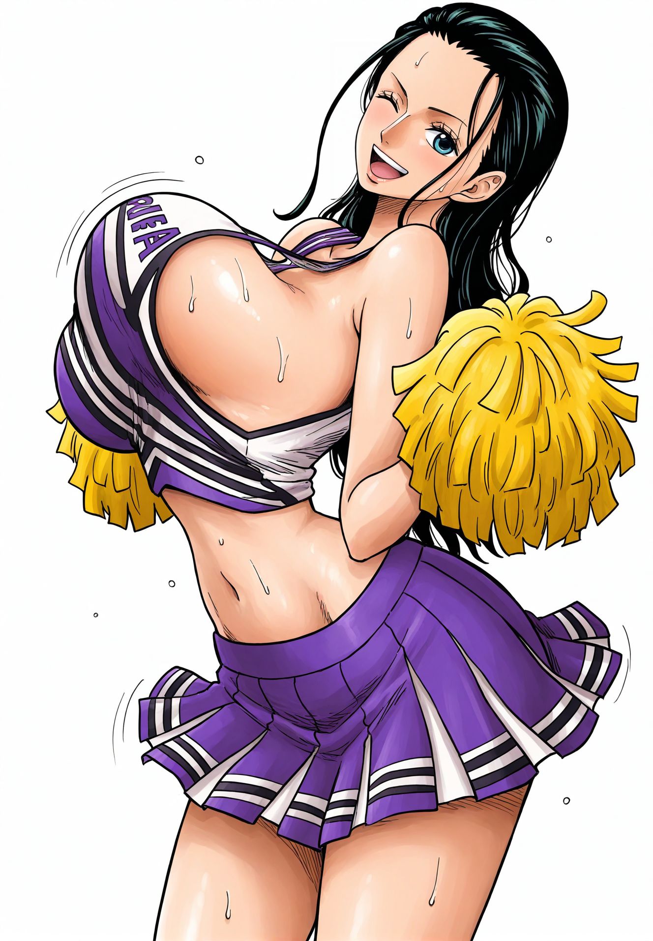 1girls, ai generated, big breasts, black hair, black-haired female, breasts, cheerleader, cheerleader outfit, cheerleader uniform, clothing, female, female only, nico robin, one piece, short skirt, sideboob, solo, solo female, solo focus, underboob, yashin