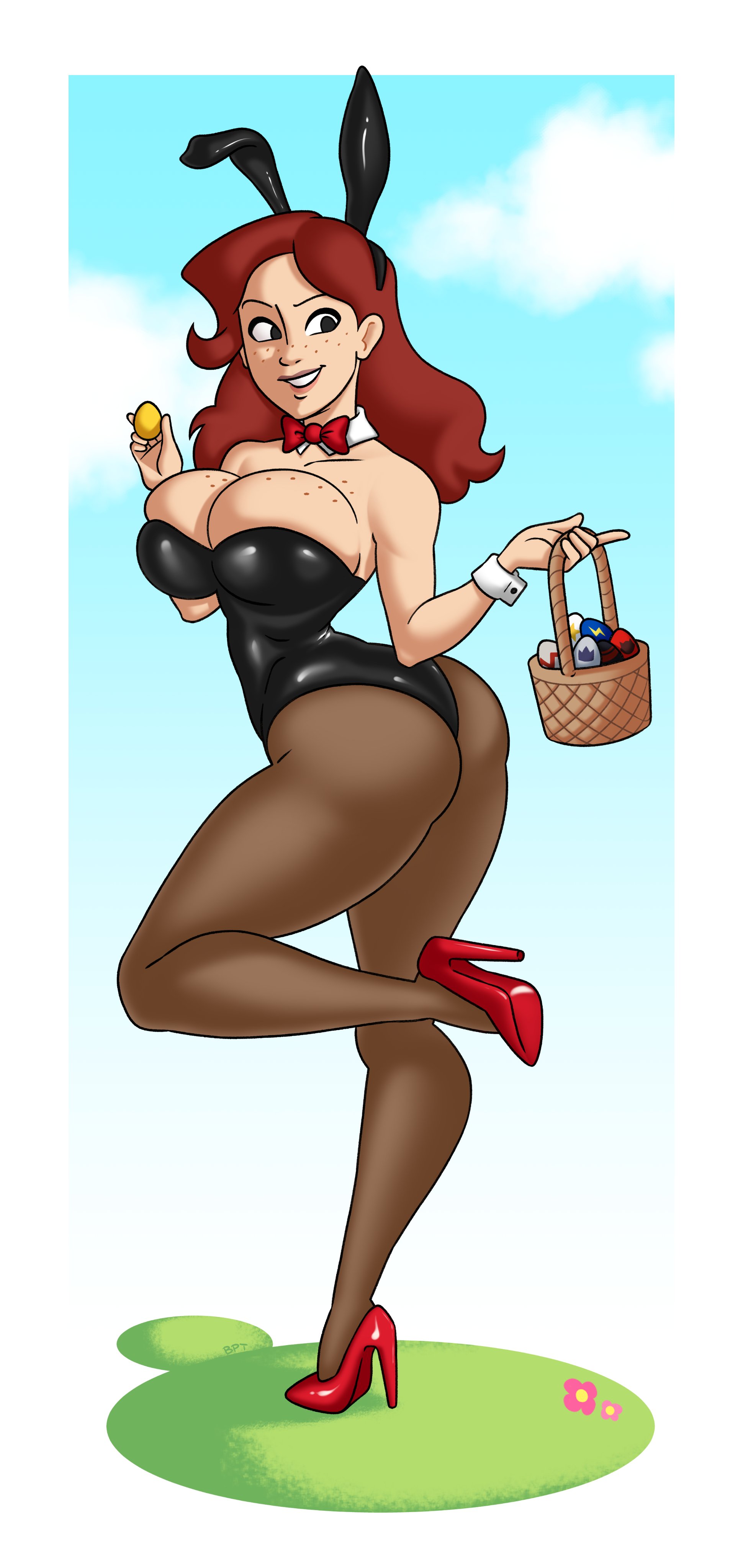 1girls, audrey page, big breasts, breasts, brown hair, brush pen ten, bunny ears, bunnysuit, easter, easter egg, female, freckles, golden girl, huge breasts, light skin, light-skinned female, the developing adventures of golden girl, thick thighs, voluptuous, voluptuous female