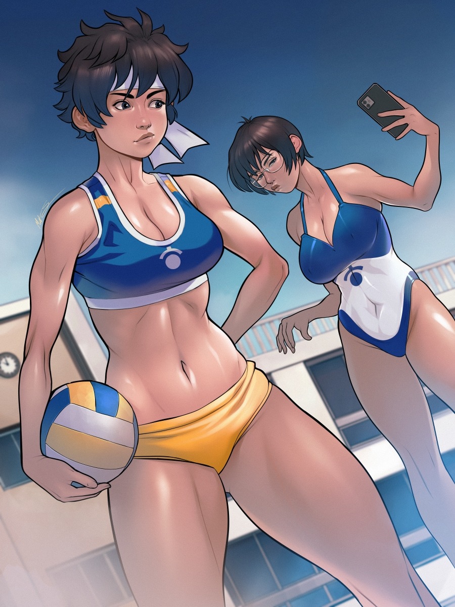 2girls, beach, bible black, black hair, breasts, capcom, cleavage, crossover, female, female only, glasses, large breasts, msperoni, nonogusa miyuki, one-piece swimsuit, phone, sakura kasugano, short hair, smartphone, street fighter, swimsuit, tan, tan body, tan skin, tanline, tanned, tomboy, triplexmile, two-piece swimsuit