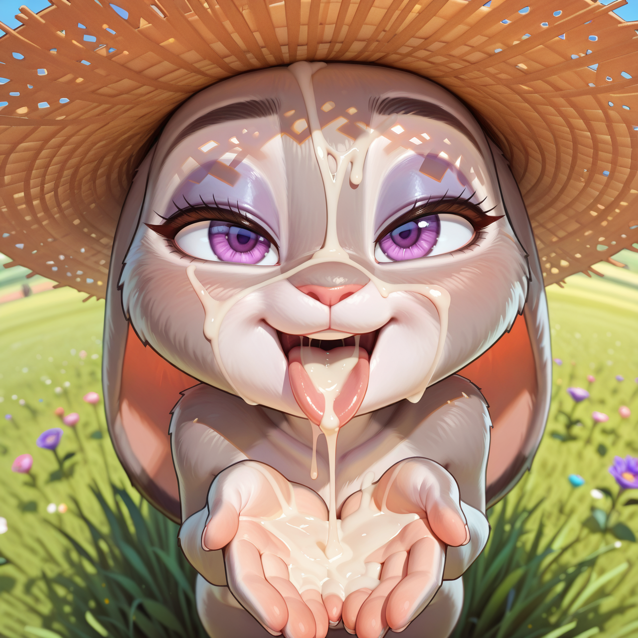 ai generated, breasts, cum, cum in hands, cum in mouth, cum on face, cupping hands, excessive cum, female, furry, furry female, judy hopps, pdbai, shortstack, small breasts, tagme, zootopia