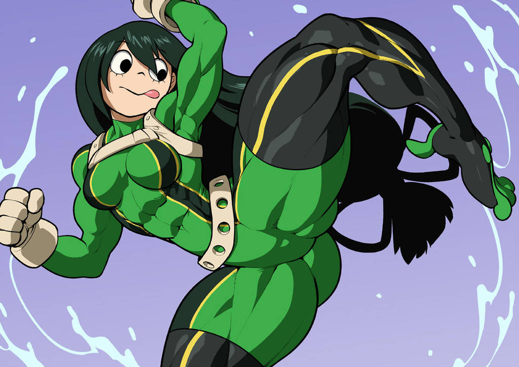 1girls, extreme muscles, female, green hair, green-haired female, hero outfit (mha), muscles, muscular, muscular female, my hero academia, pokkuti, tsuyu asui