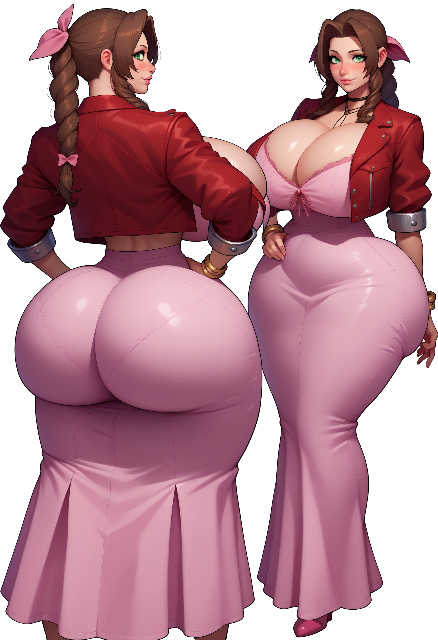 1girls, aerith gainsborough, ai generated, ass, big ass, big breasts, bloodytarnished, bracelets, braided hair, braided ponytail, breasts, brown hair, bubble butt, cleavage, cropped jacket, curvaceous, curvy female, female, female only, final fantasy, final fantasy vii, front and back, green eyes, hairbow, huge ass, large breasts, light skin, light-skinned female, simple background, standing, thick, thick ass, thick thighs, voluptuous, voluptuous female, white background, wide hips