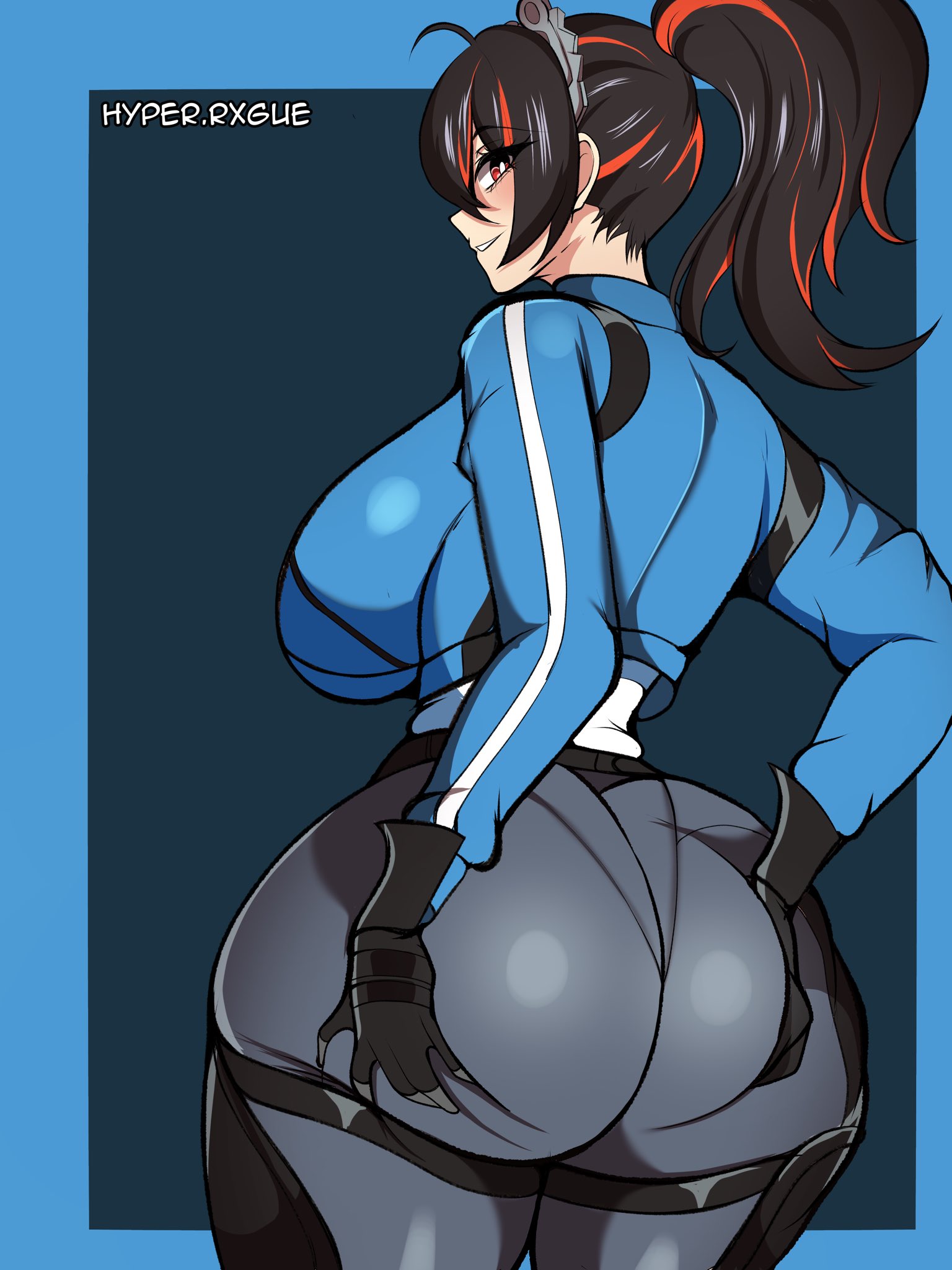 1girls, ass, ass grab, big ass, big breasts, bottom heavy, breasts, bubble ass, bubble butt, clothing, fat ass, female, female only, grabbing own ass, hands on ass, hands on own ass, huge ass, hyperrxgue, large ass, large breasts, looking at viewer, looking back, massive ass, pantylines, police, police uniform, policewoman, rear view, smile, solo, thick ass, thick thighs, thunder thighs, wide hips, zenless zone zero, zhu yuan
