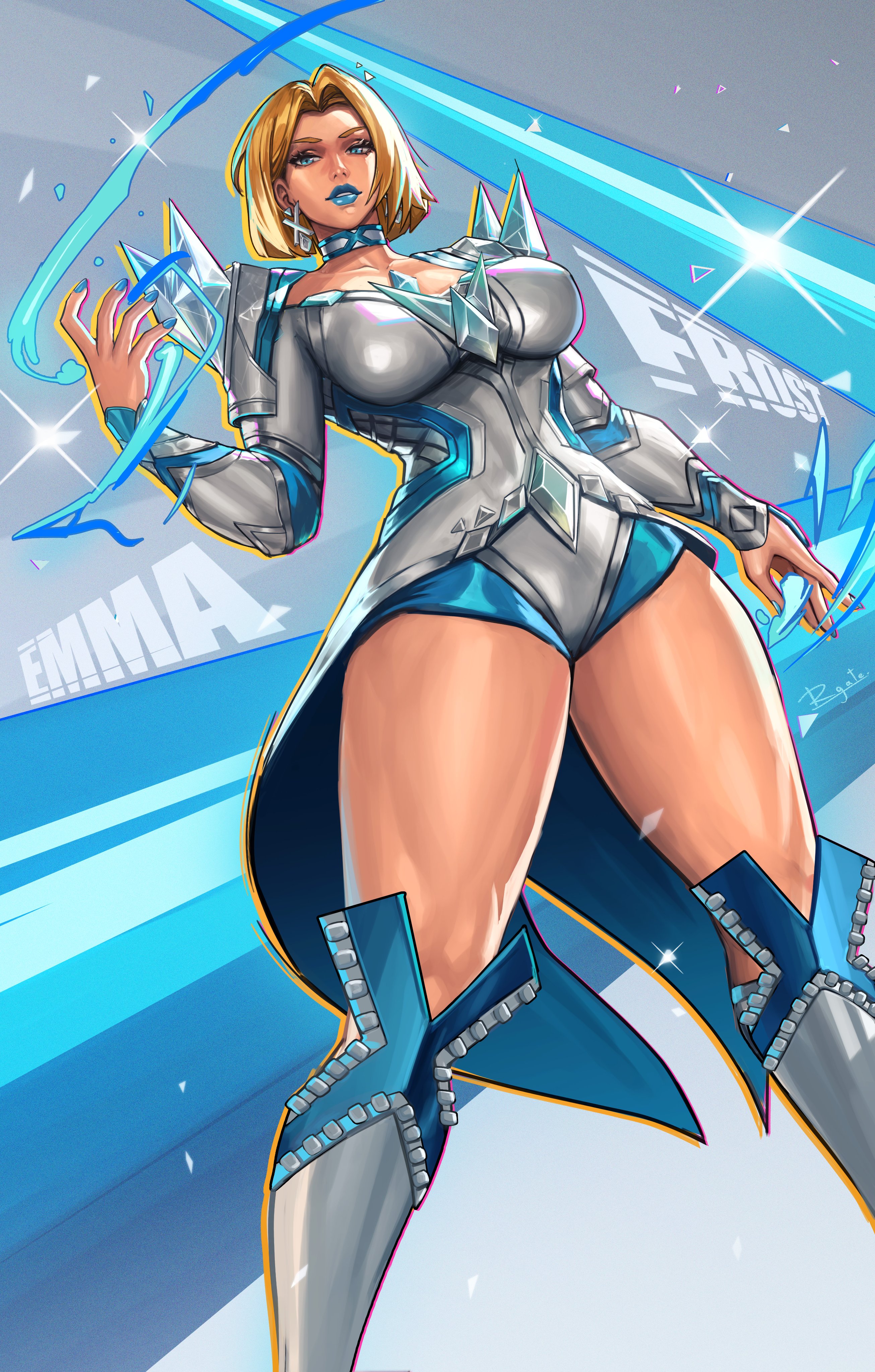 1girls, big breasts, blonde female, blonde hair, blue lipstick, blue nails, bob cut, breasts, emma frost, emma frost (marvel rivals), exposed thighs, female, marvel, marvel comics, marvel rivals, rgate, short hair, thick thighs