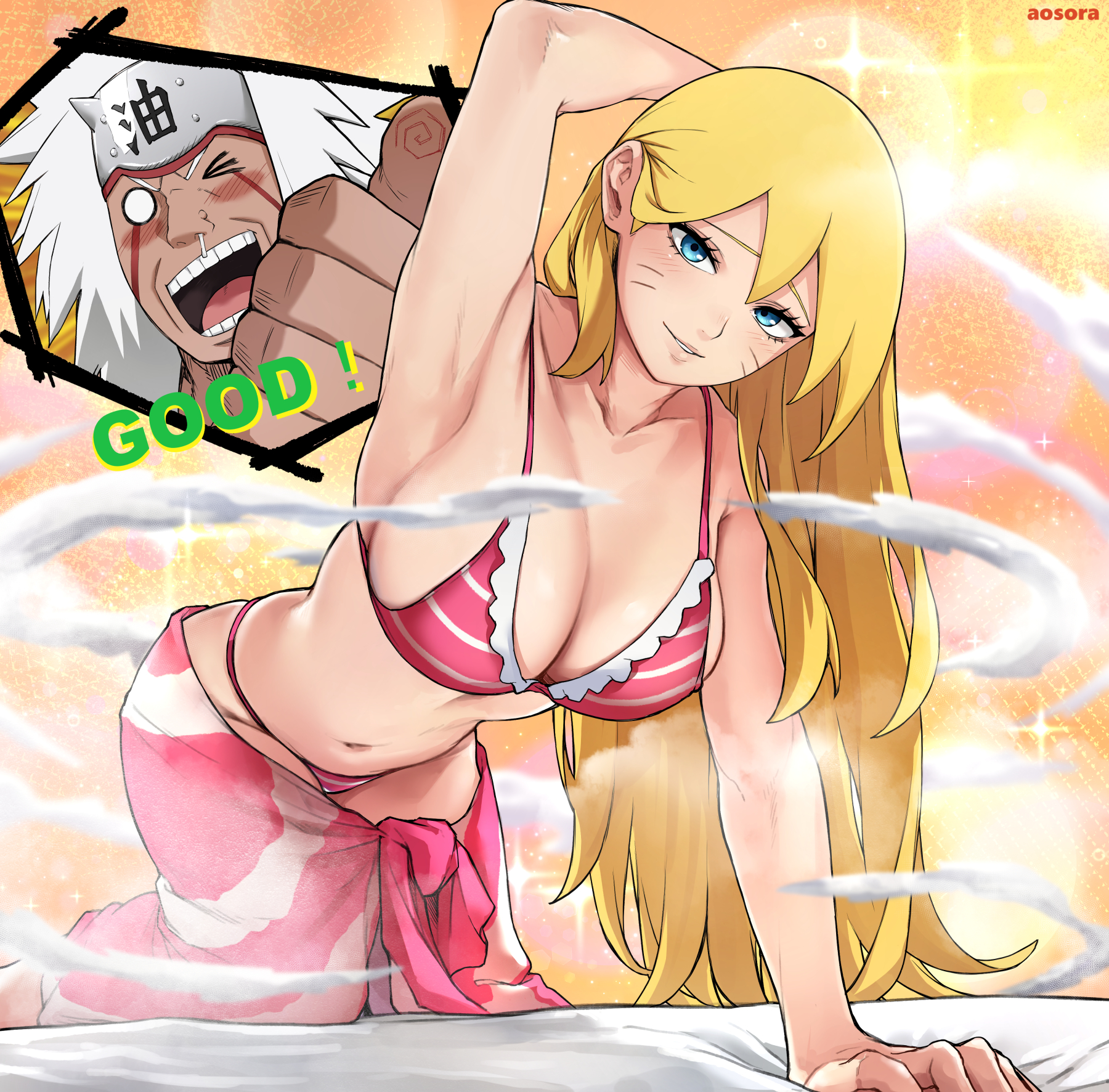1boy, 1girls, aosora, aosora2823, bedroom eyes, big breasts, bikini, bikini top, blonde hair, blonde-haired female, blue eyes, blush, boruko, boruto: naruto next generations, breasts, busty, canon genderswap, cleavage, facial markings, female, female focus, gender transformation, genderswap (mtf), hi res, high resolution, highres, inner sideboob, jiraiya, large breasts, light skin, light-skinned female, long fingernails, long nails, looking at viewer, makeup, male, naruto, naruto (series), pale skin, pale-skinned female, pink bikini, pink bikini top, pink swimsuit, pinup, pose, posing, red nail polish, red nails, rule 63, sarong, seductive, seductive eyes, seductive look, sexy no jutsu, shounen jump, shueisha, solo, solo female, solo focus, striped bikini, swimsuit, thumbs up, transformation, uzumaki boruto, very high resolution, voluptuous, voluptuous female, wavy hair, weekly shonen jump, whisker markings, whiskers, white hair, white-haired male, wrinkled skin, wrinkles